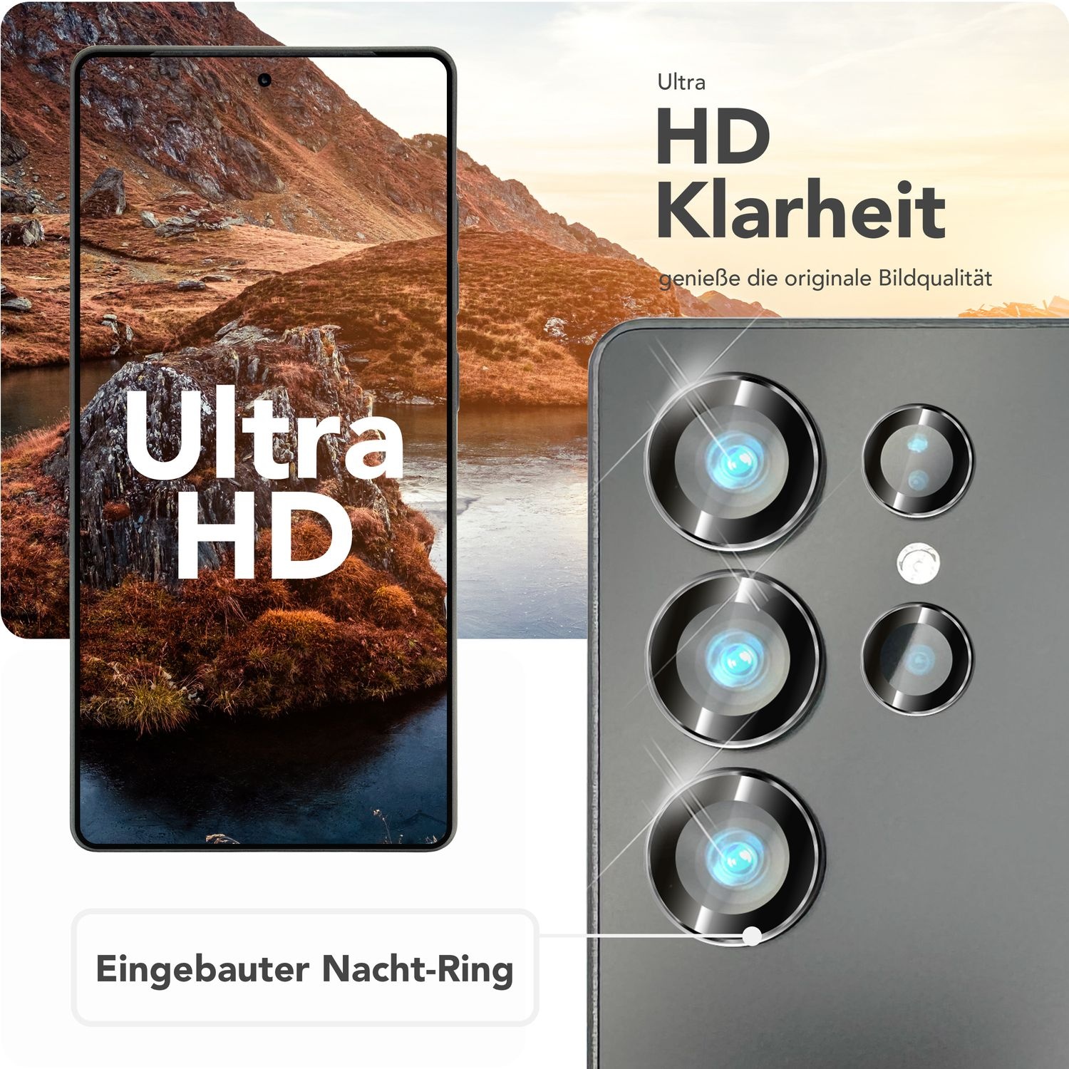 Un téléphone avec un écran montrant un paysage de montagne. Le téléphone affiche le texte Ultra HD.