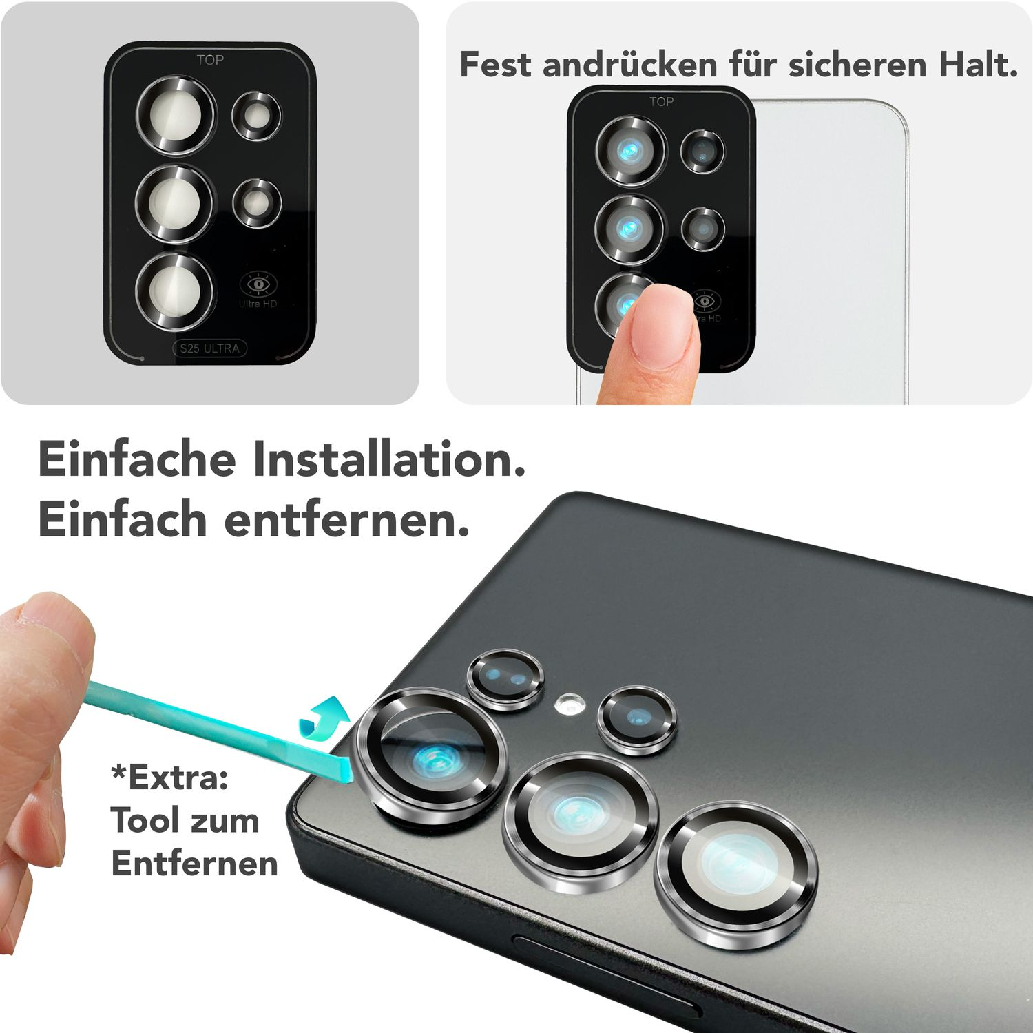 Une main installe un cache objectif de téléphone, avec un outil et deux images de téléphone pour l'installation.