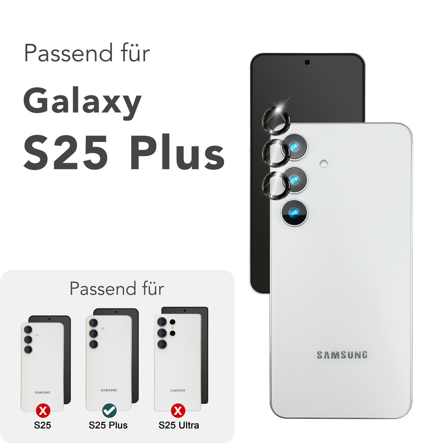 Téléphones blanc et noir, le blanc est marqué comme compatible avec le modèle S25 Plus.