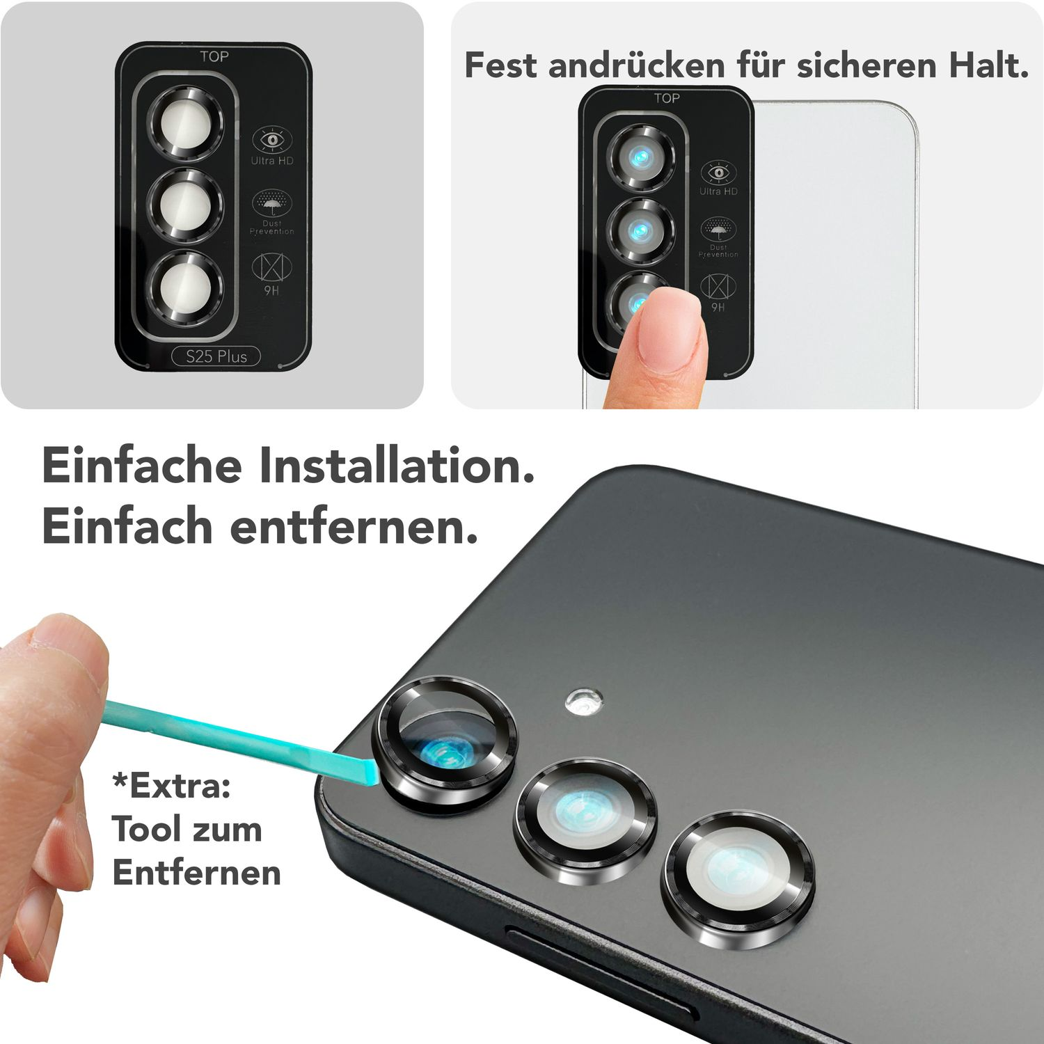 Téléphone avec protecteurs d'objectifs. Texte sur l'installation facile. Outil de retrait.
