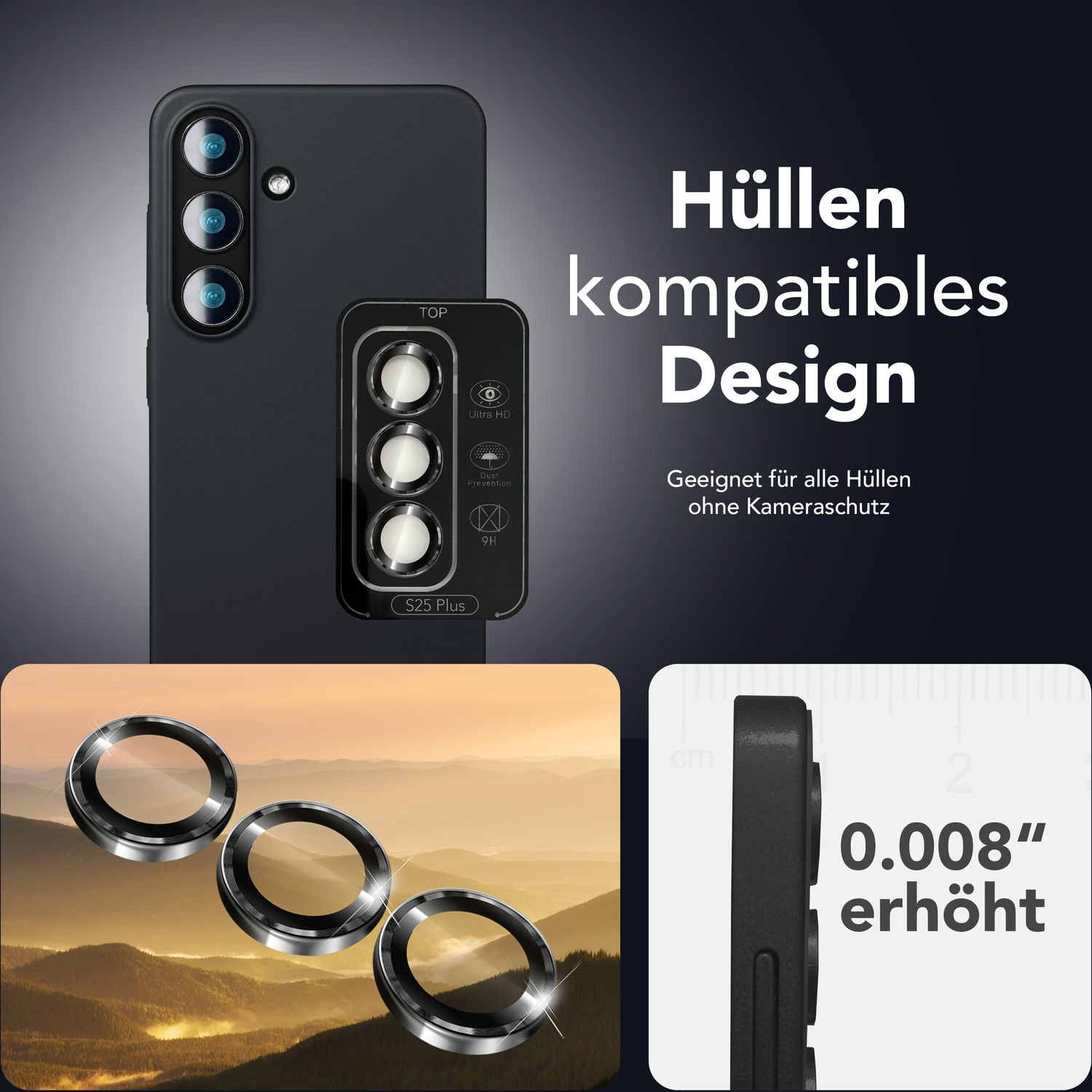 Téléphone avec protecteurs d'objectif, schéma de compatibilité et comparaison d'épaisseur.