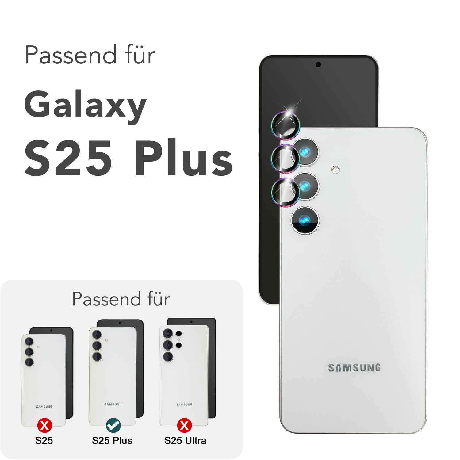Téléphone avec protecteurs d'objectifs, compatible avec S25 Plus. Téléphones noir et blanc.