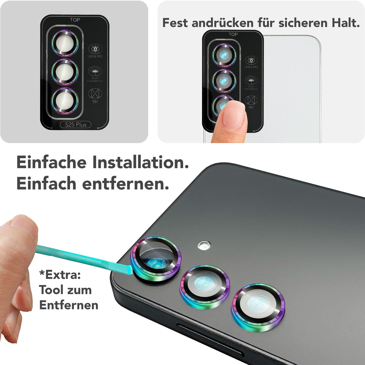 Une main installe des caches d'objectif de téléphone avec un outil, montrant les étapes d'installation.