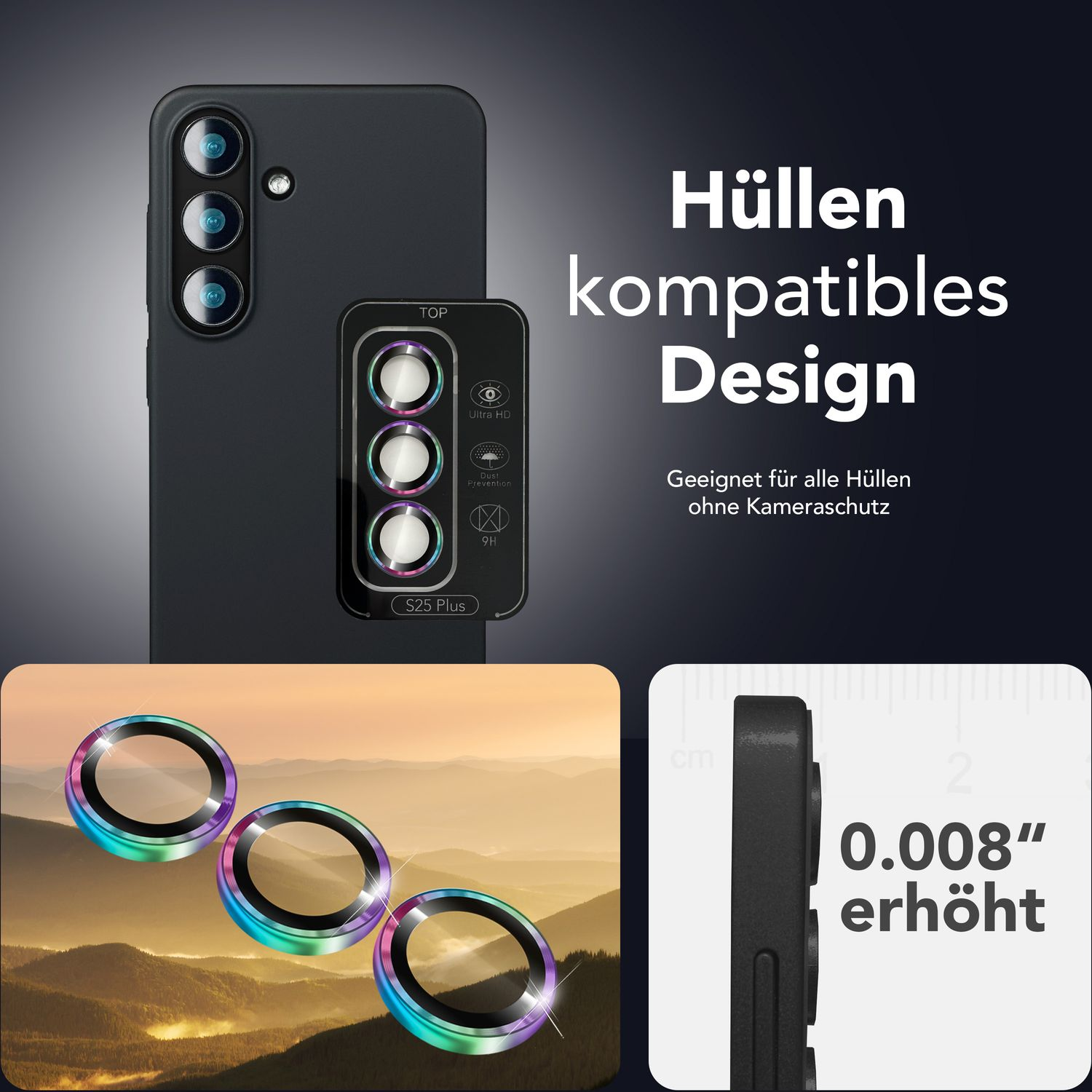 Téléphone avec protecteurs d'objectifs. Texte sur la compatibilité et le design. Arrière-plan.