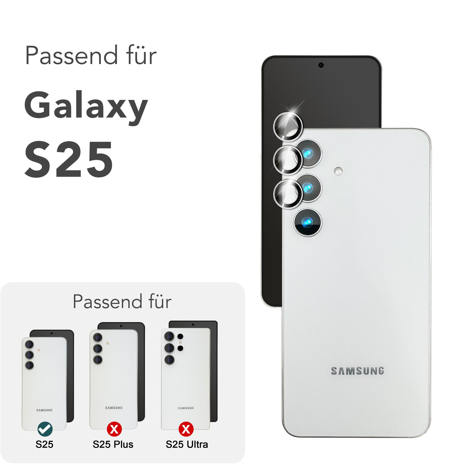 Telefon mit Kameraschutz, kompatibel mit S25. Weiße und schwarze Telefone gezeigt.