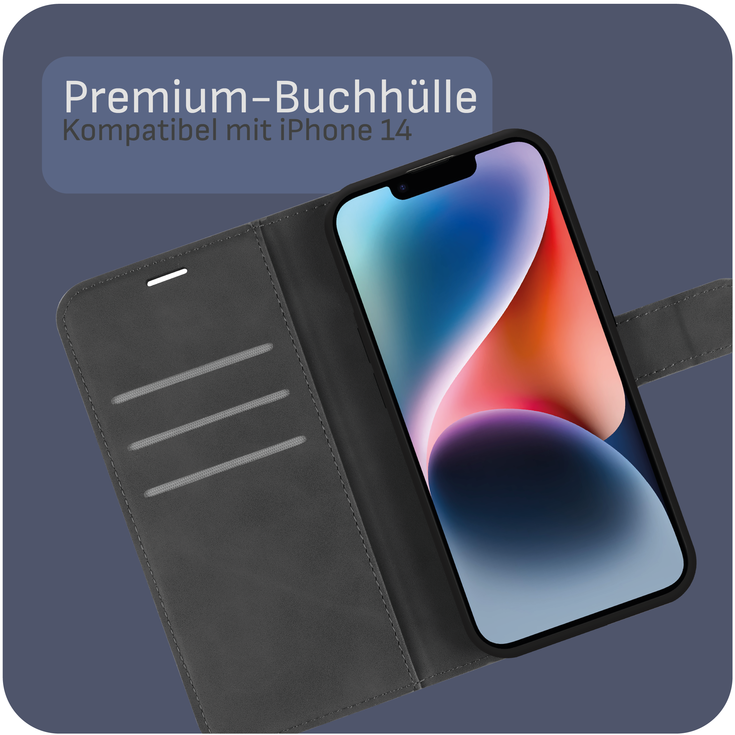 Graue Handyhülle mit Telefon, offen. Dunkler Hintergrund. Text: Premium-Buchhülle.