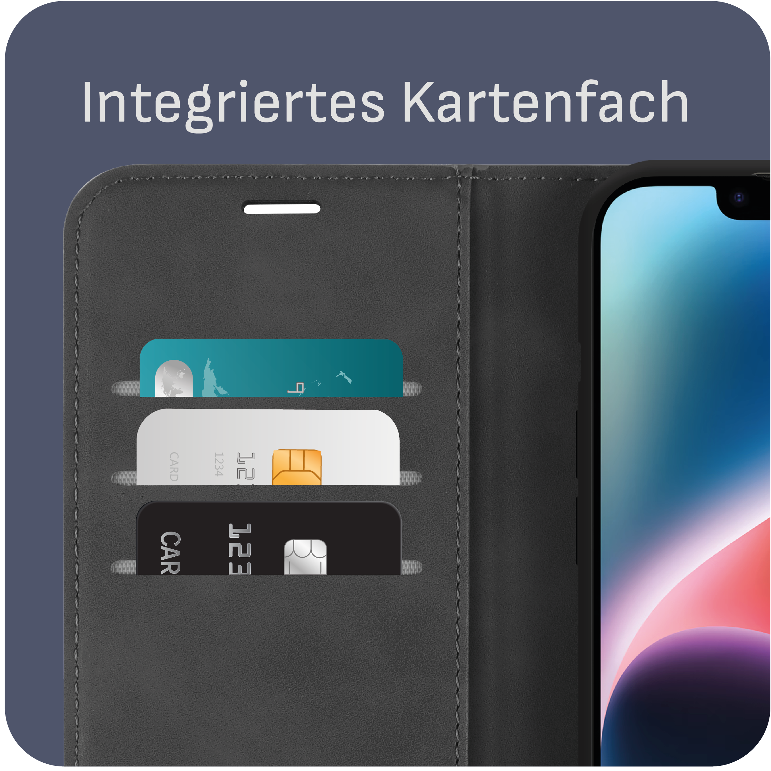 Nahaufnahme eines Telefons in einer Hülle. Hülle hat Kartenfächer mit Karten. Text: Integriertes Kartenfach.