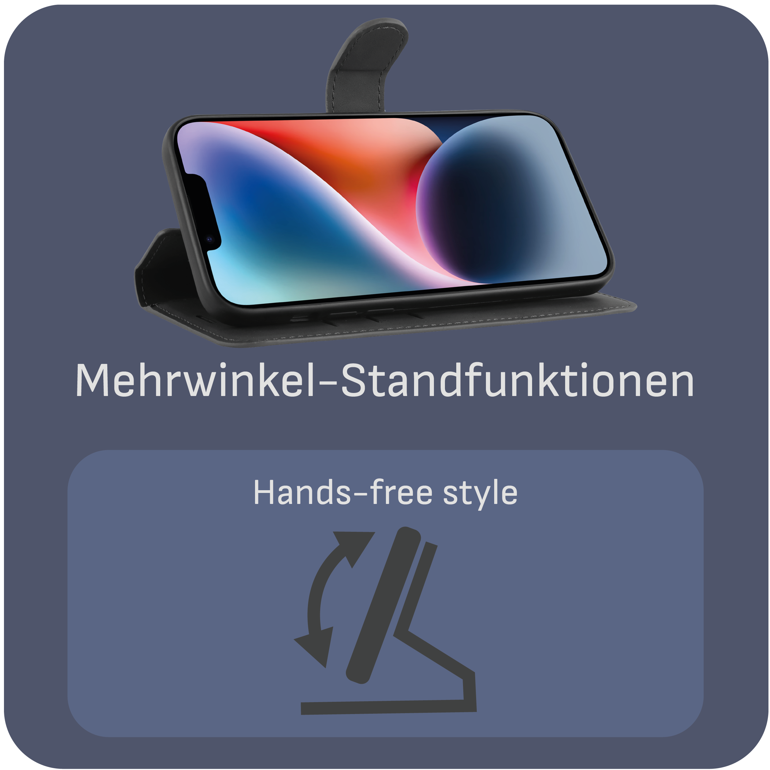 Telefon in einer Hülle, die eine Standfunktion demonstriert. Text: Mehrwinkel-Standfunktionen, Freihandstil.