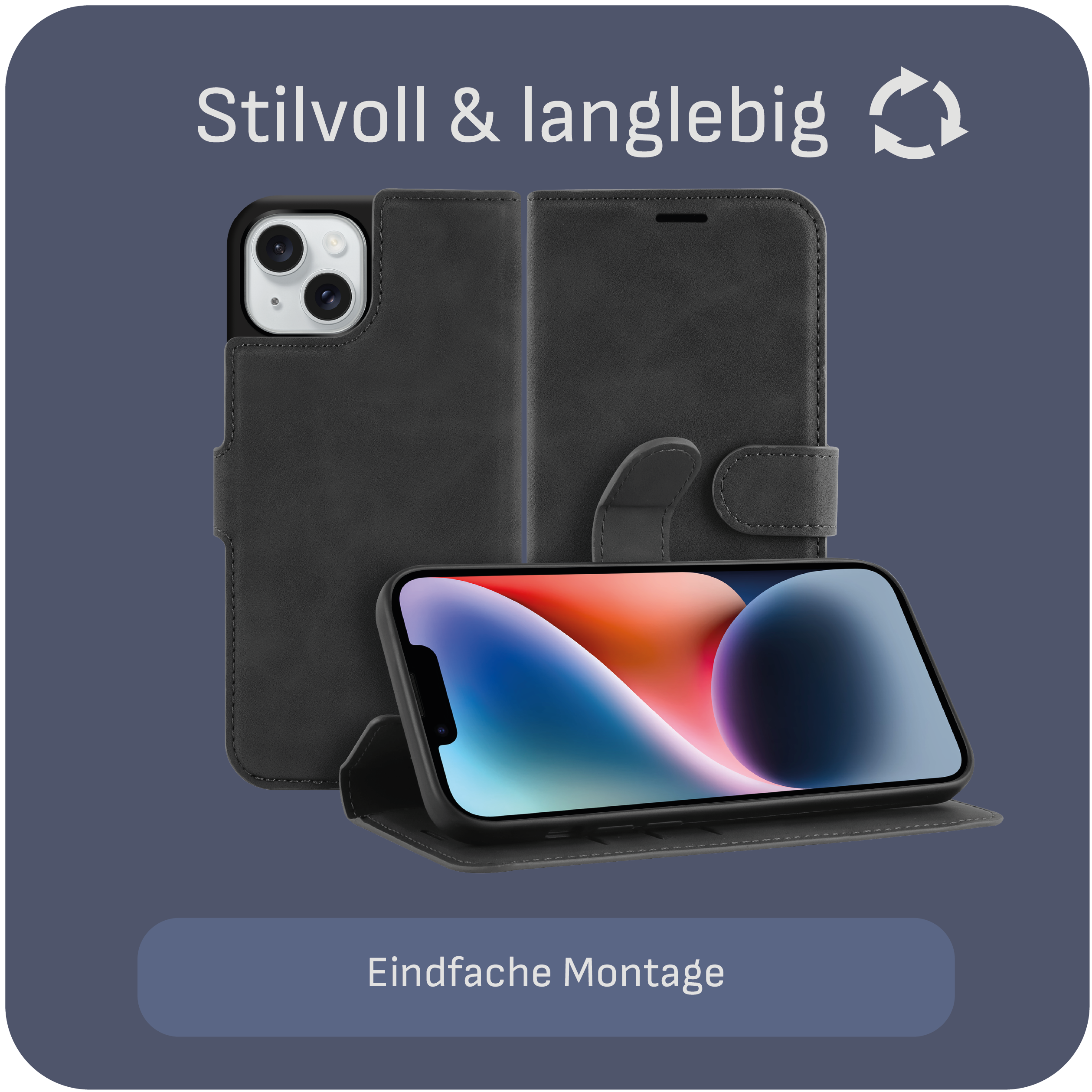 Graue Handyhülle mit Telefon. Text: Stilvoll & langlebig und Einfache Montage. Dunkler Hintergrund.