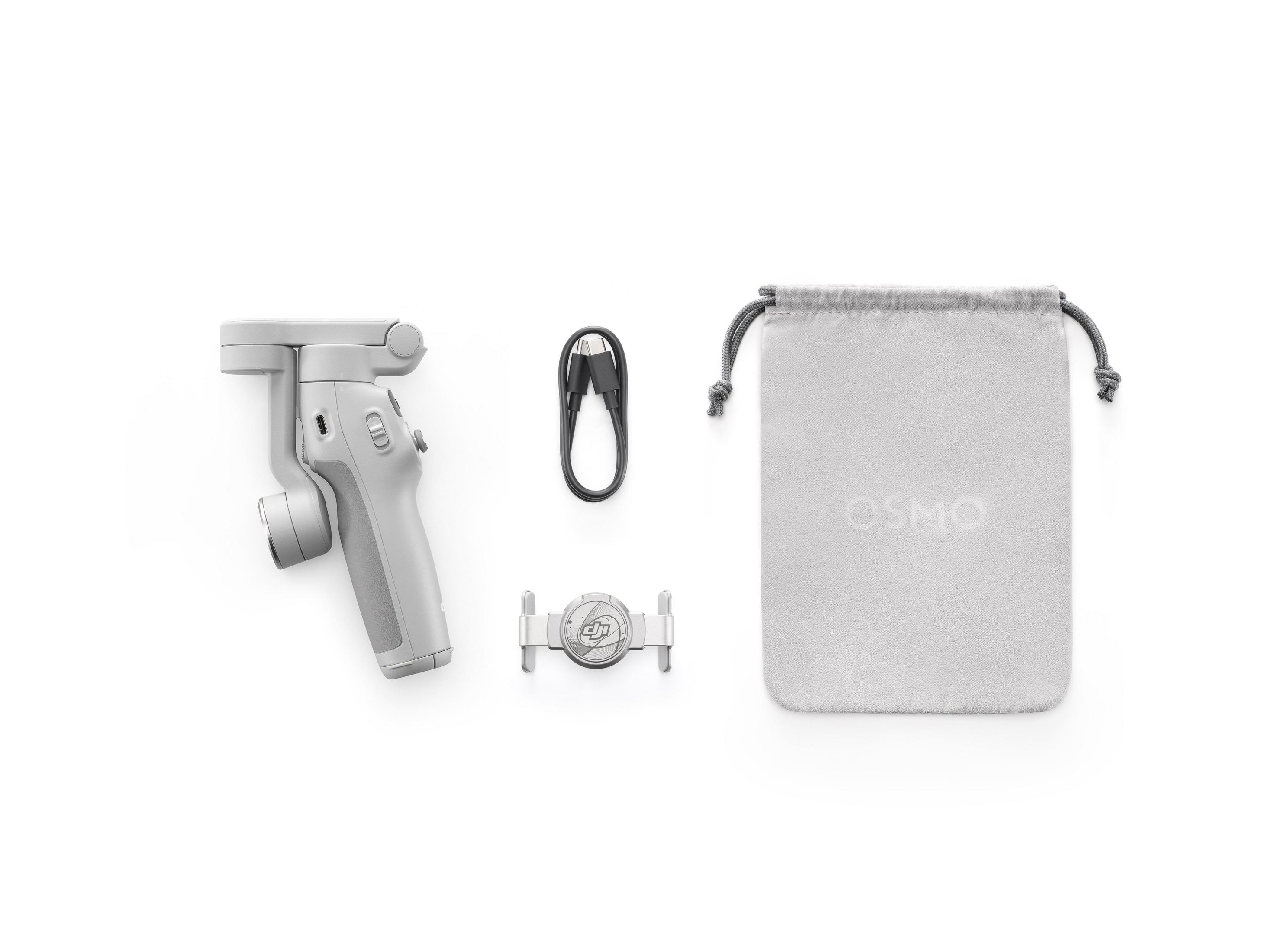 Biały zestaw produktów Osmo: gimbal, akcesoria i etui na białym tle.