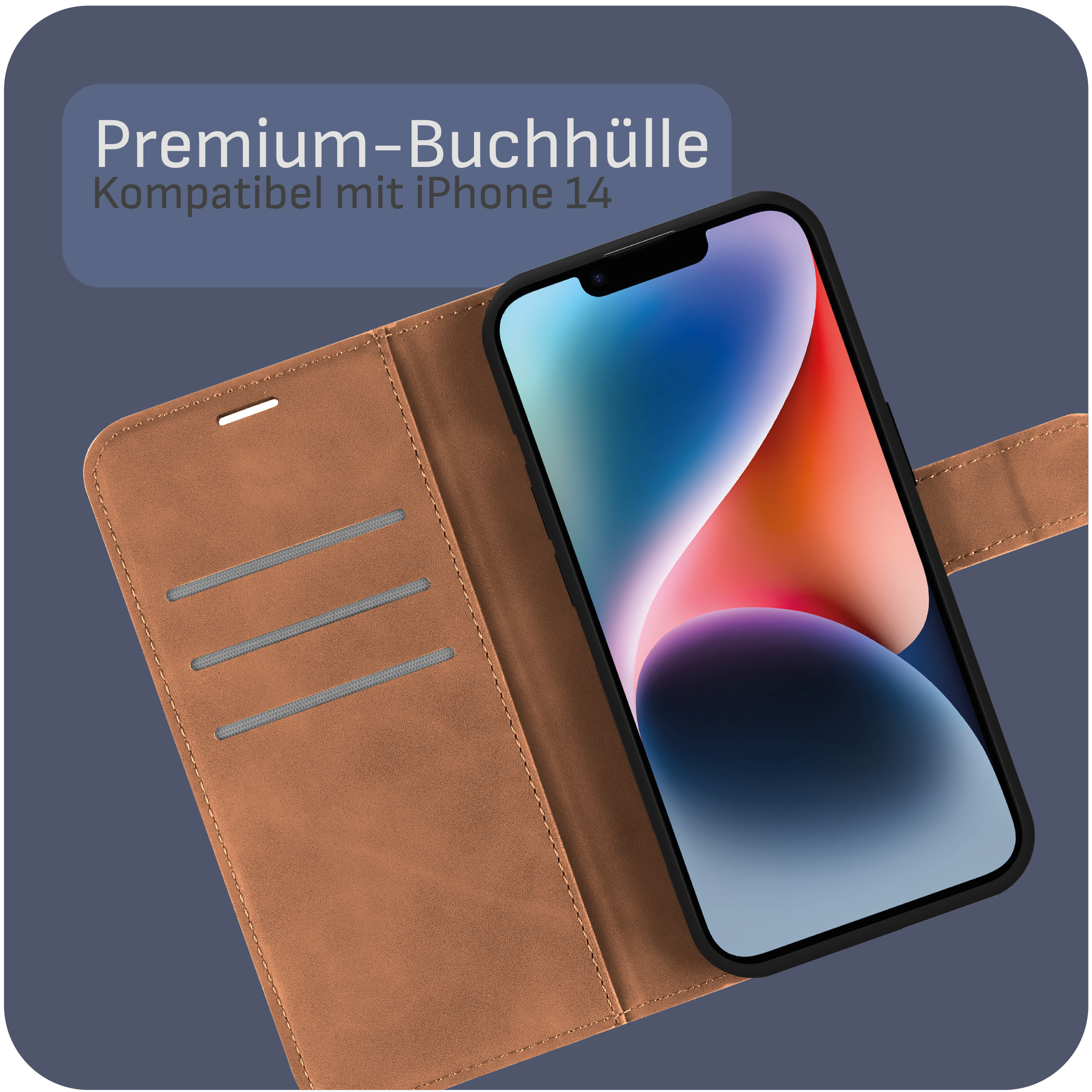 Braune Leder-Handyhülle mit iPhone 14. Das Telefon zeigt ein farbenfrohes Hintergrundbild. Text: 'Premium-Buchhülle'.