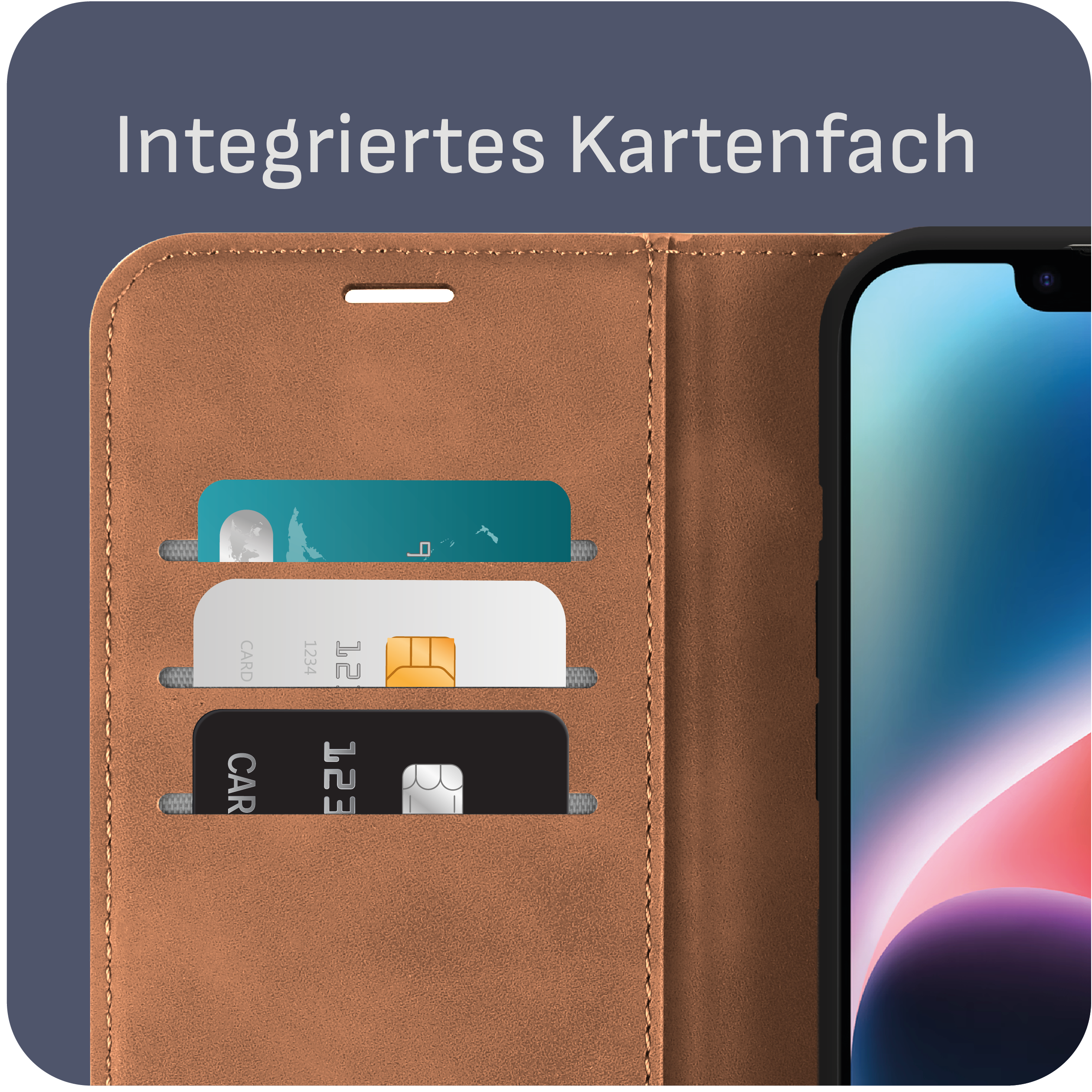 Leder-Handyhülle mit Karten. Drei Karten sind in den Schlitzen sichtbar.