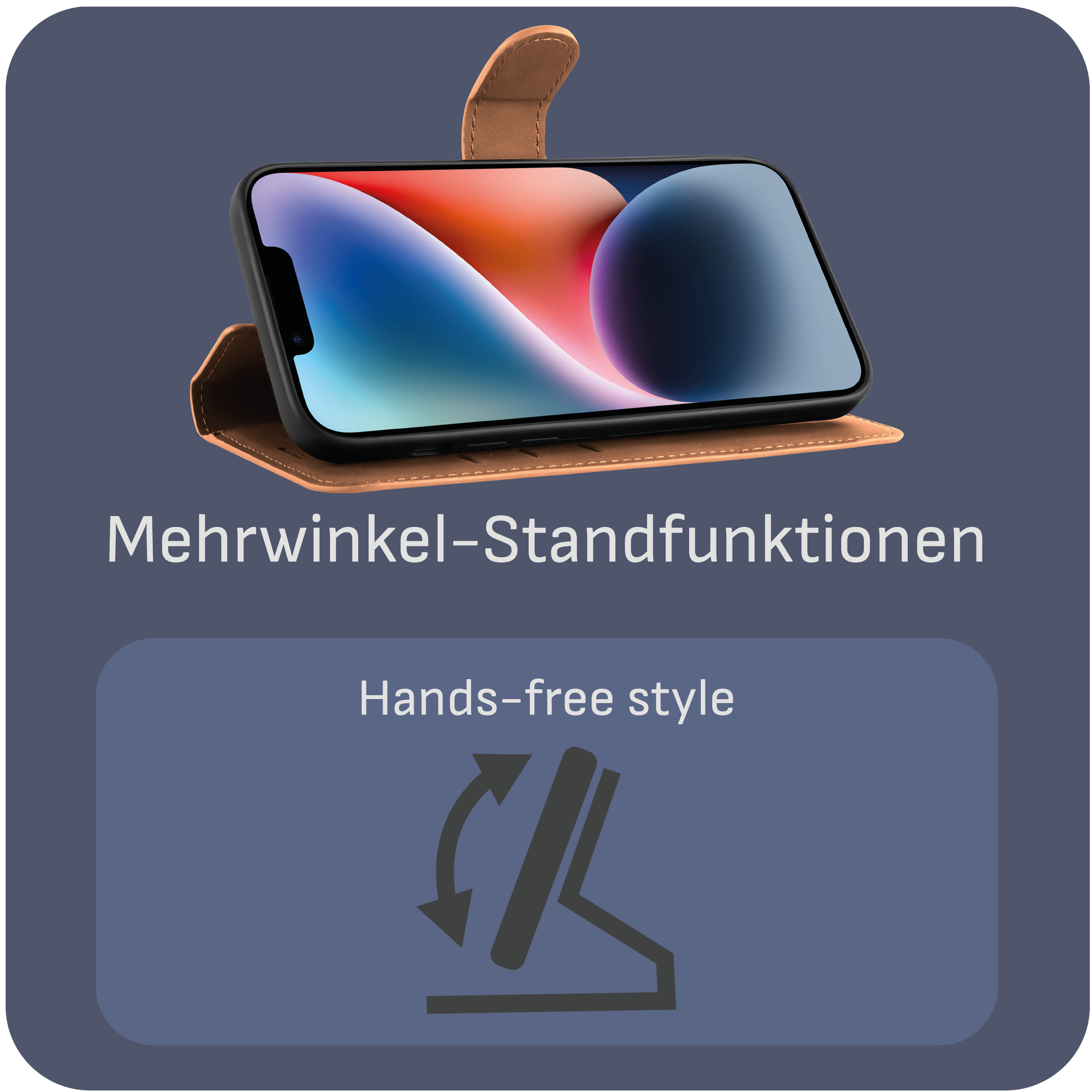 Telefon in Hülle mit Standfunktion und Text.
