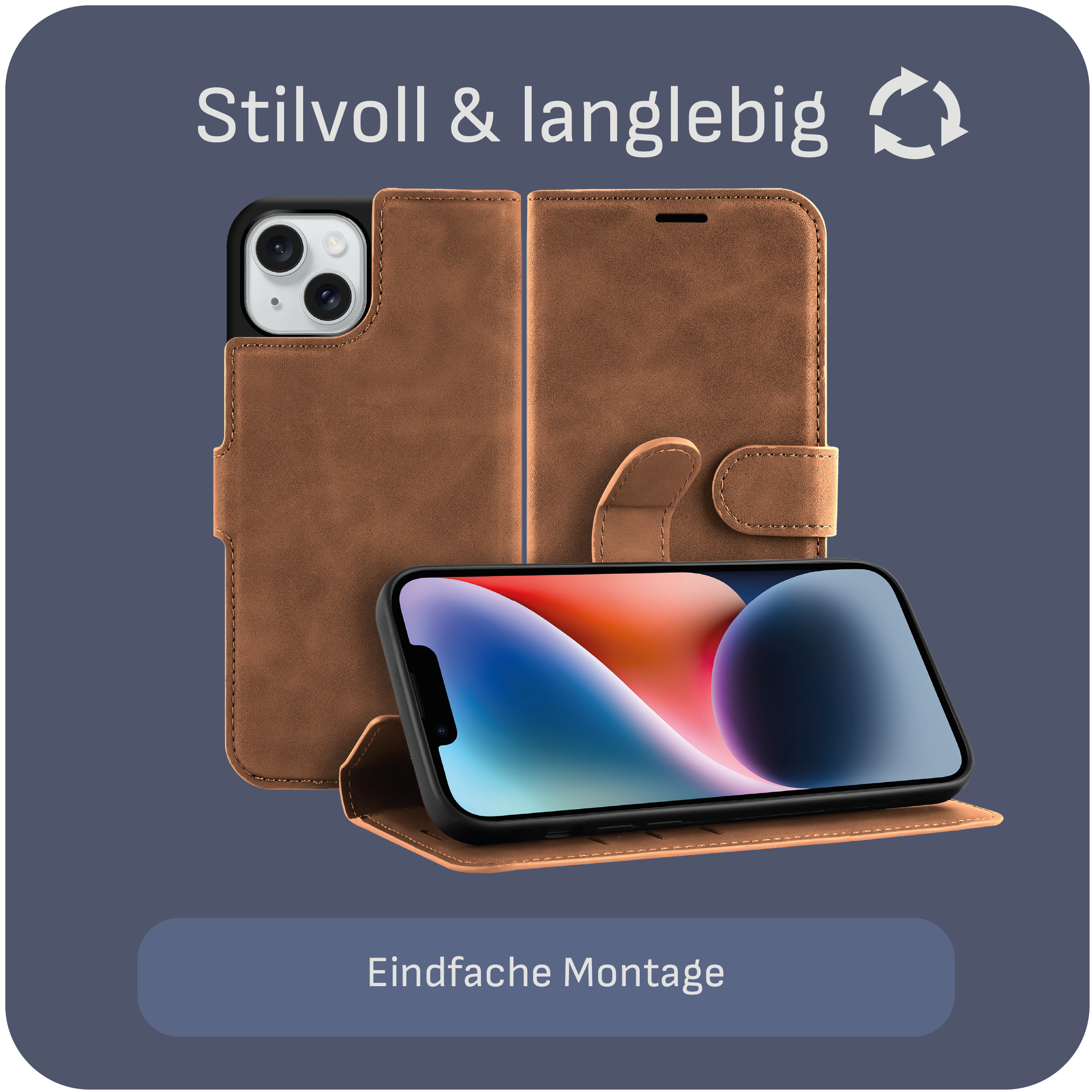 Braune Handyhülle mit Telefon. Das Telefon zeigt eine farbenfrohe Anzeige.