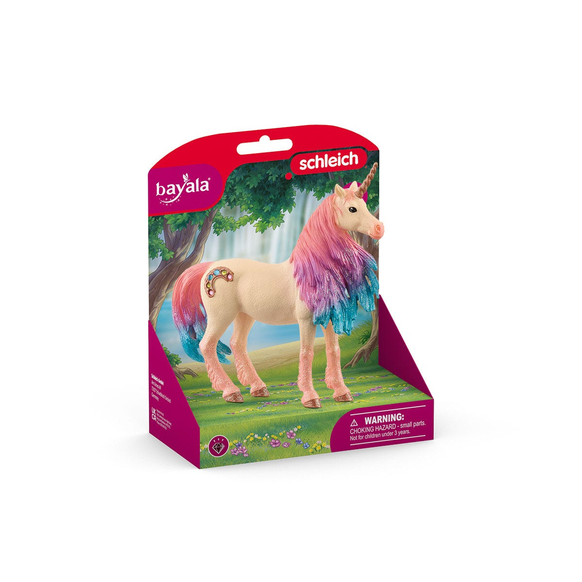 Un unicorno giocattolo in una scatola. Il giocattolo è bianco con criniera rosa e dettagli blu.