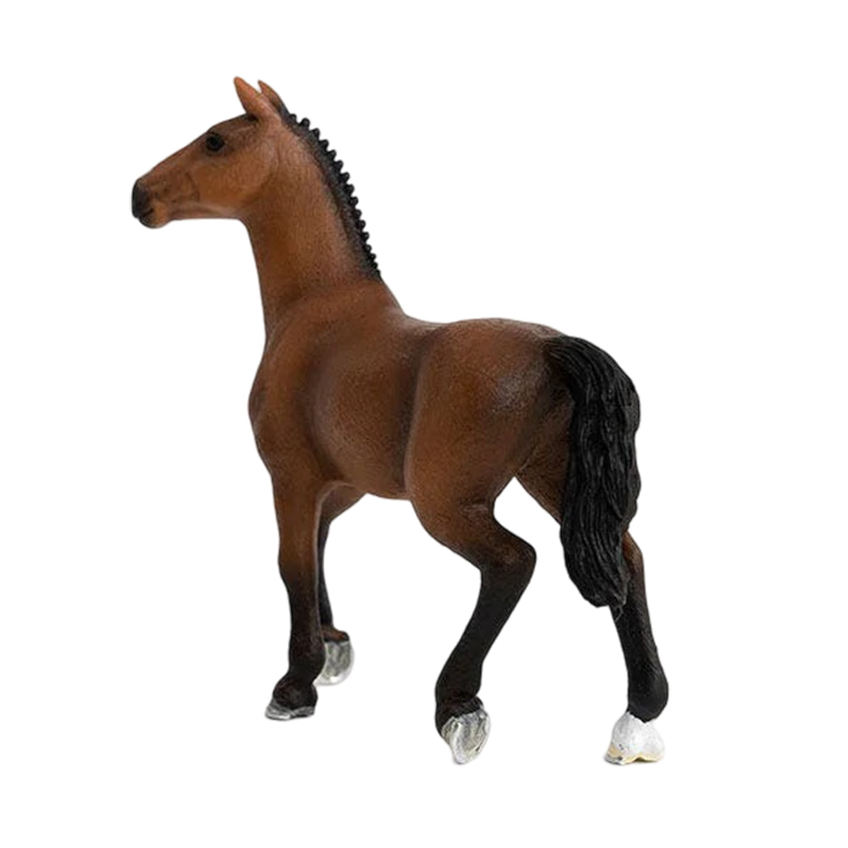 Un cavallo giocattolo marrone in piedi su una superficie bianca.