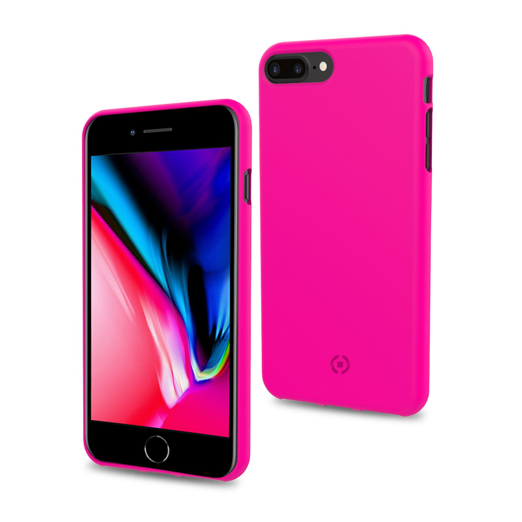 Custodia per telefono rosa con due telefoni. Un telefono è all'interno della custodia e l'altro dietro.