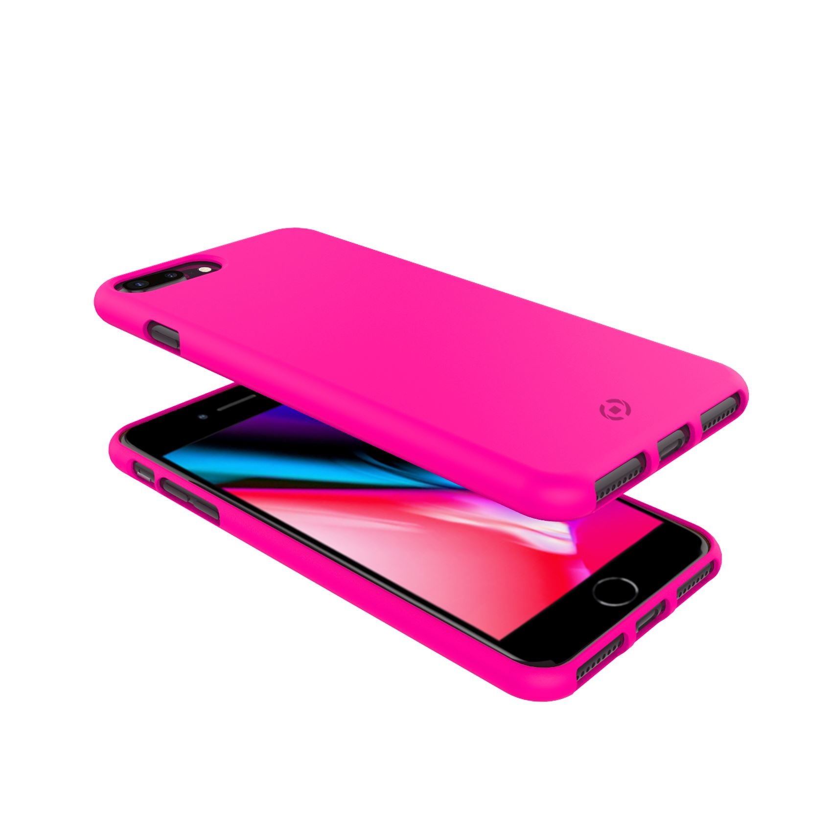 Telefono rosa con custodia rosa, due telefoni impilati, che mostrano il retro e lo schermo.