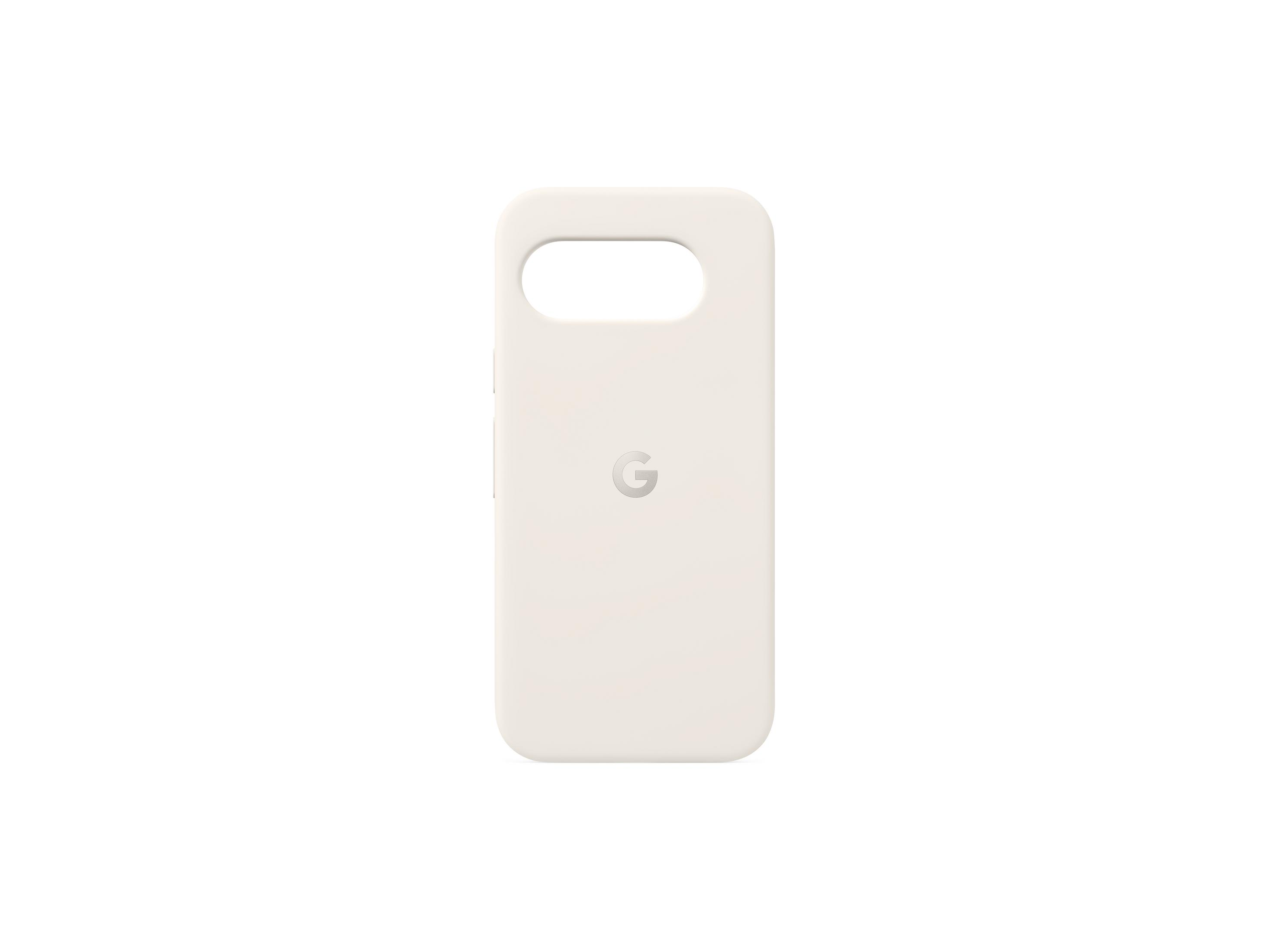 Una custodia bianca per telefono Google con ritaglio per la fotocamera e logo 'G'.