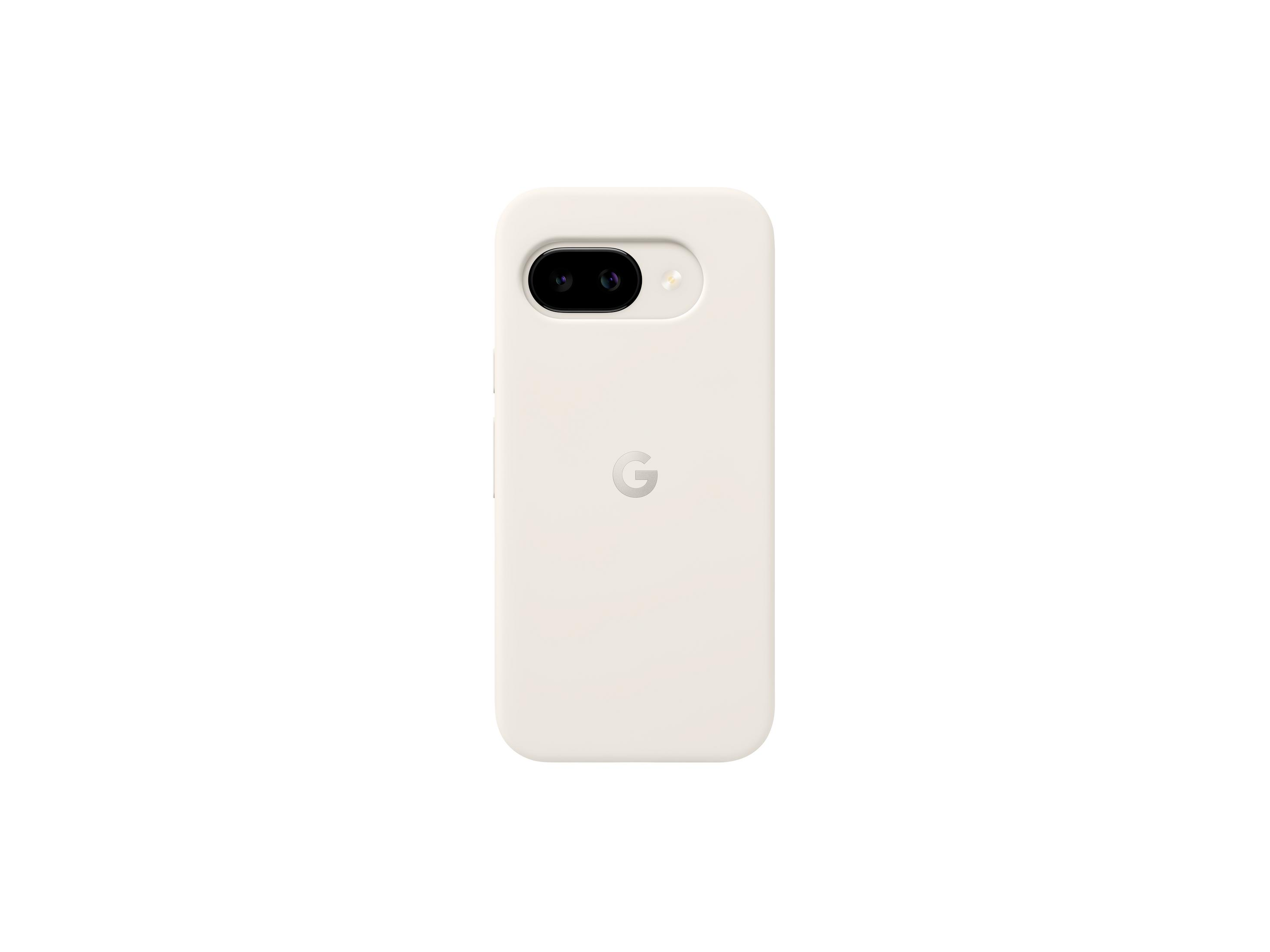 Una custodia bianca per telefono Google con ritaglio per doppia fotocamera e logo 'G'.