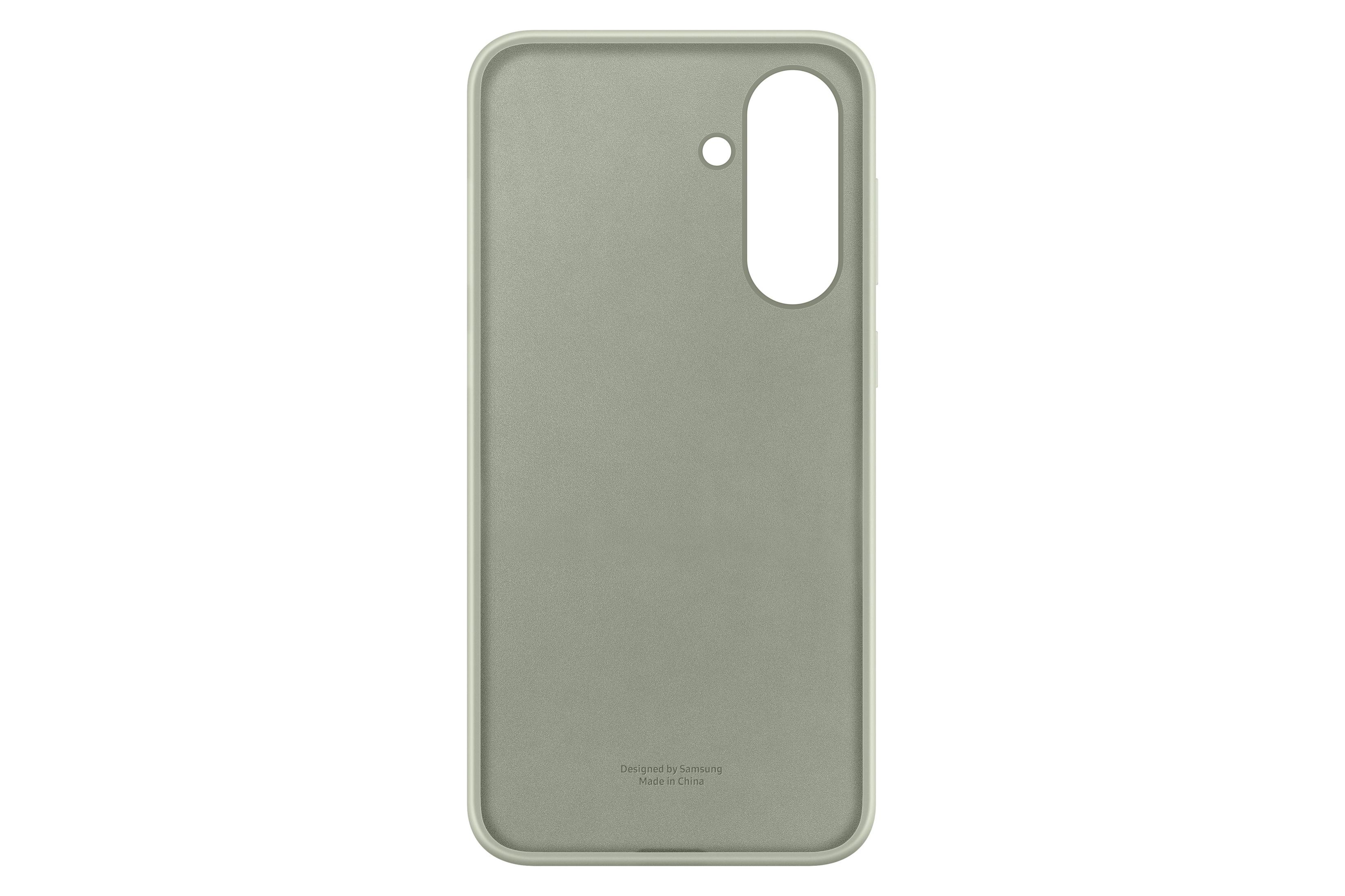 Interno della custodia del telefono verde chiaro. Ha un foro per la fotocamera e il testo 'Designed by Samsung, Made in China'.