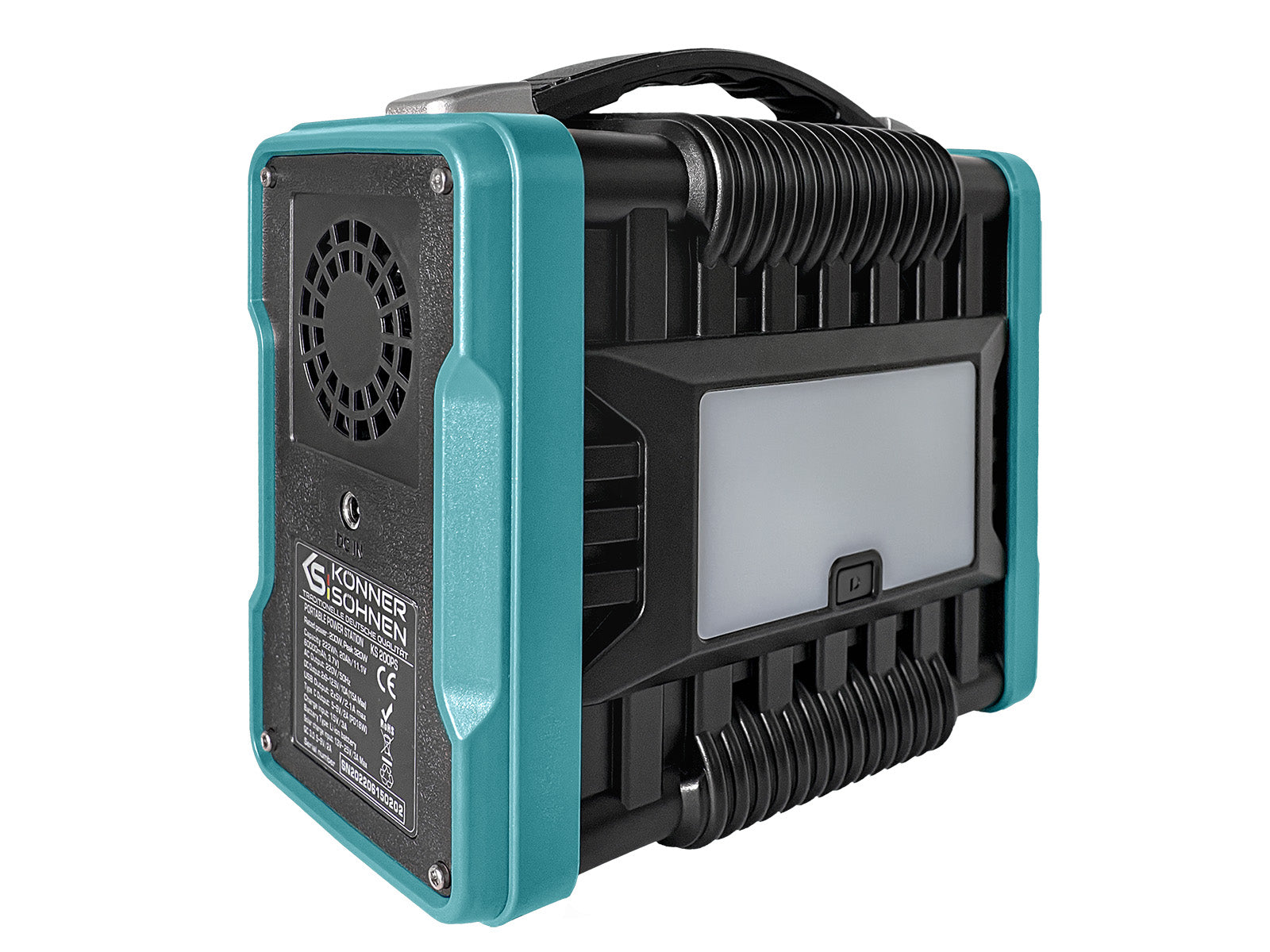 Niebieska i czarna przenośna lampa robocza na białym tle.