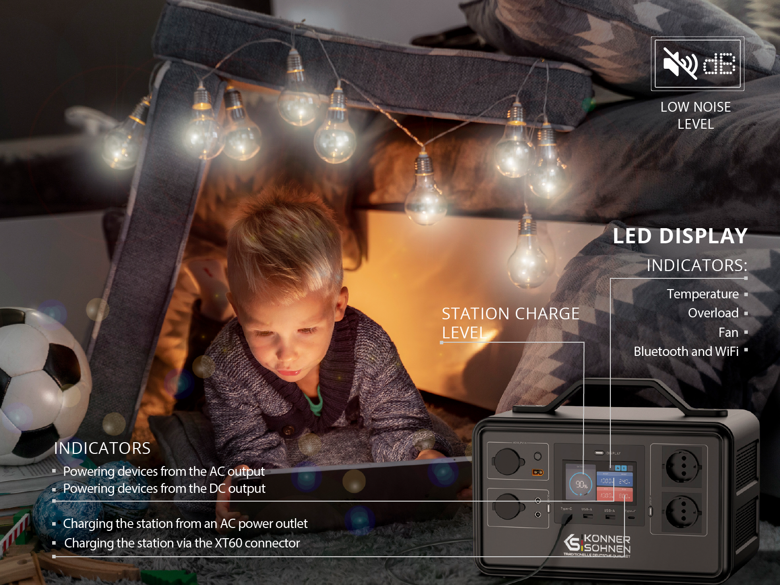 Chłopiec w fortecy używa tabletu, oświetlonego lampkami. Stacja zasilania jest po prawej.