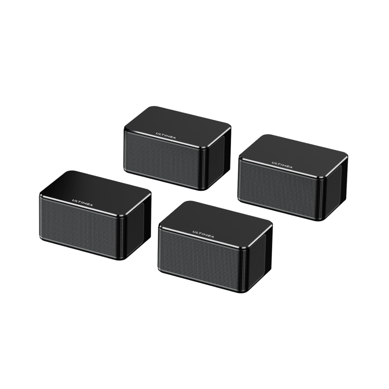 Cztery czarne głośniki z siatkowymi frontami. Są prostokątne i mają markę 'ULTIMEA'.