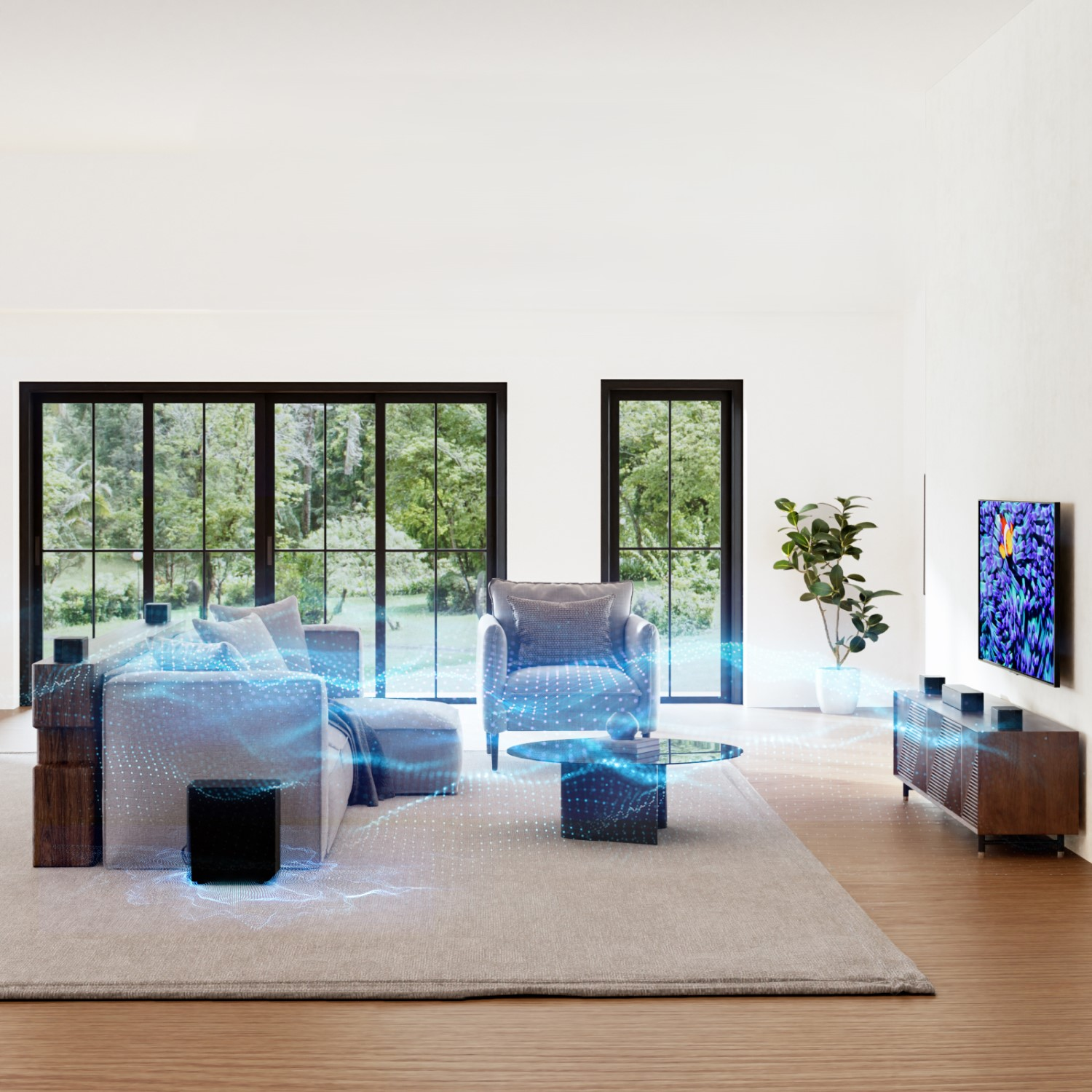 Salon z głośnikami emitującymi fale dźwiękowe. Sofa, krzesła, telewizor i roślina. Białe ściany i naturalne światło.