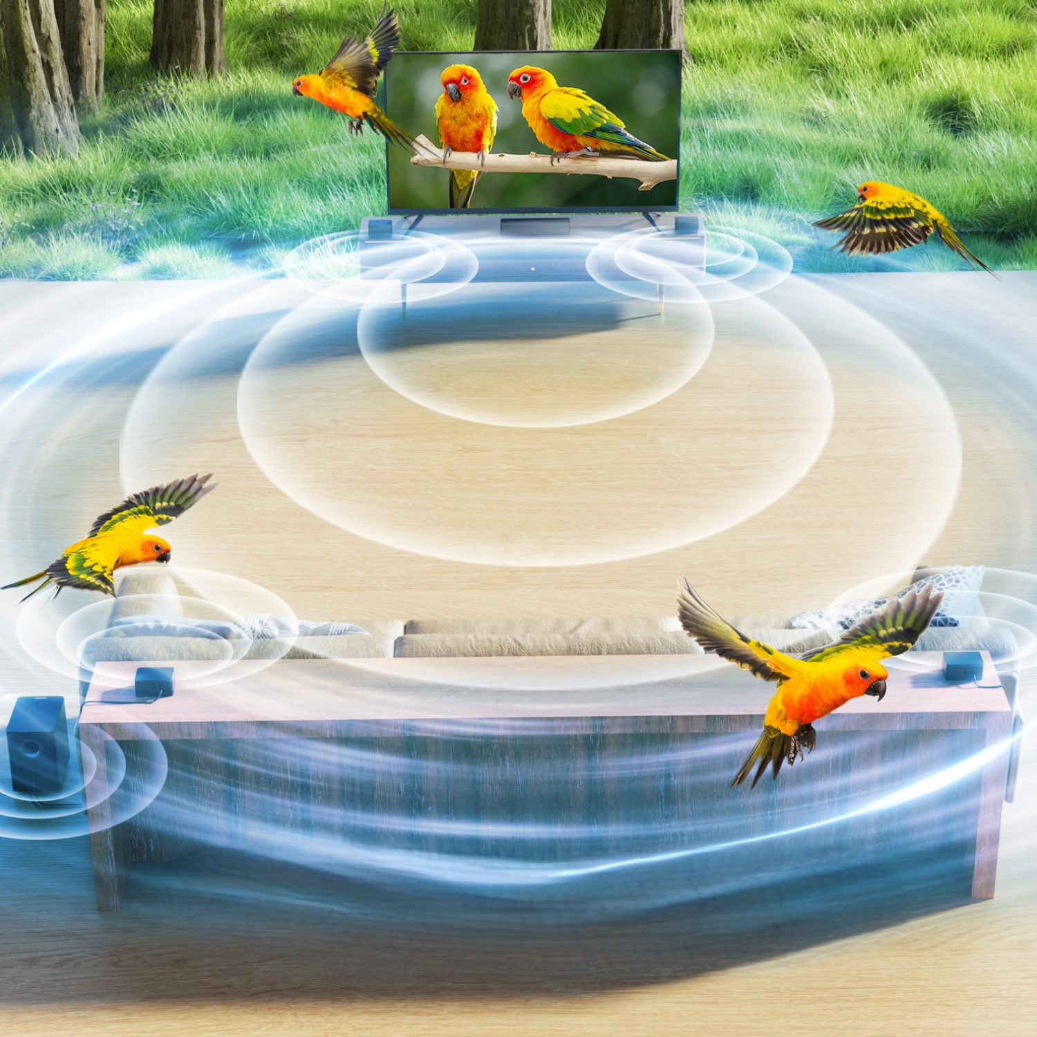 Papugi latające wokół telewizora z krajobrazem i głośnikami. Widoczne fale dźwiękowe. Zielone tło.
