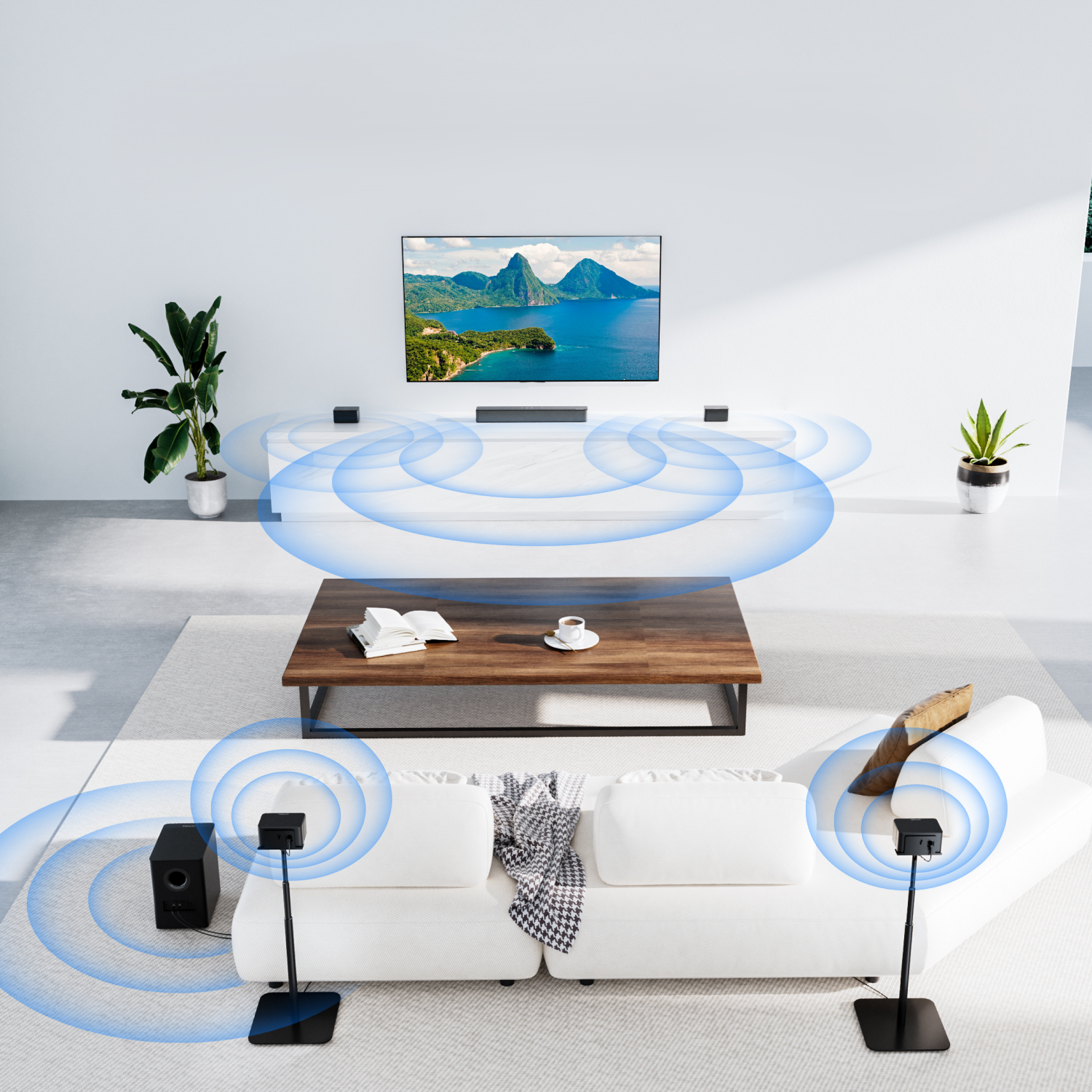 Salon z głośnikami emitującymi fale dźwiękowe. Telewizor i soundbar na stole. Biała sofa i dywan.