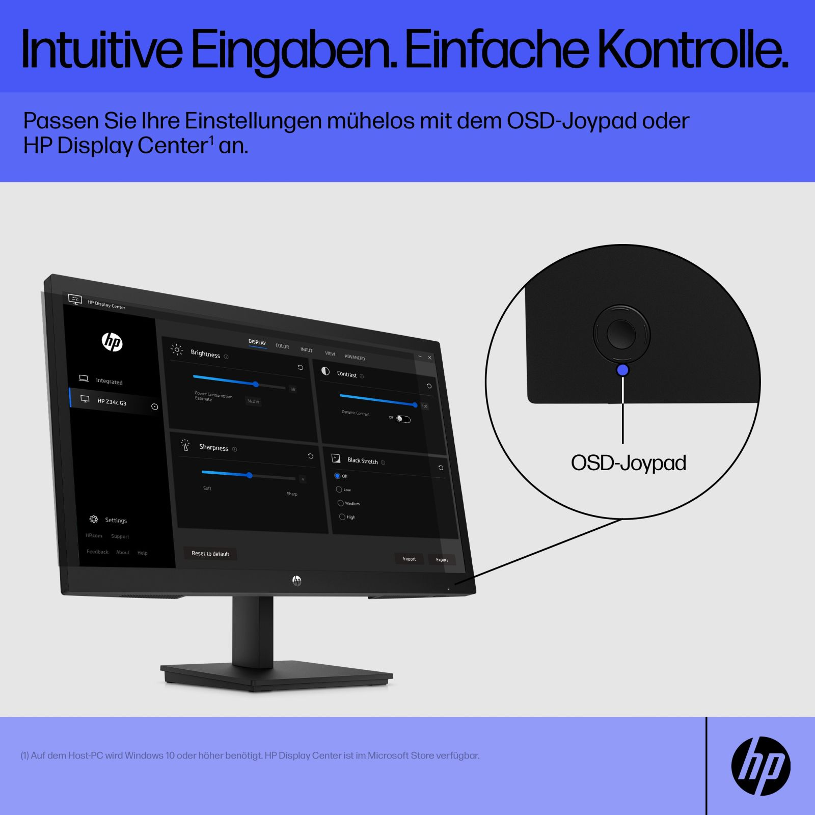 Un monitor de computadora con controles en pantalla, un diagrama y el logotipo de HP.
