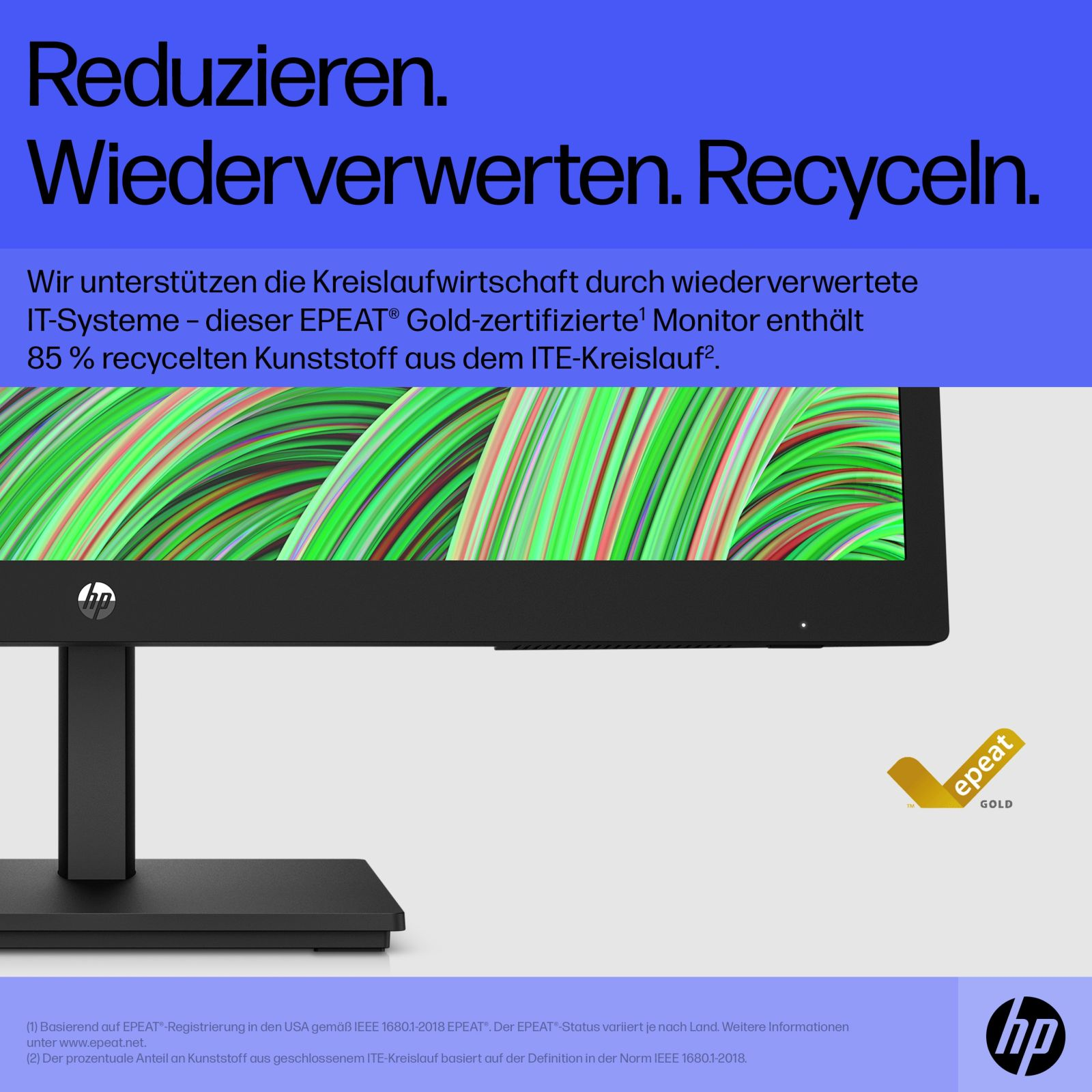 Un monitor de computadora con texto, un diagrama, una etiqueta EPEAT Gold y el logo HP.