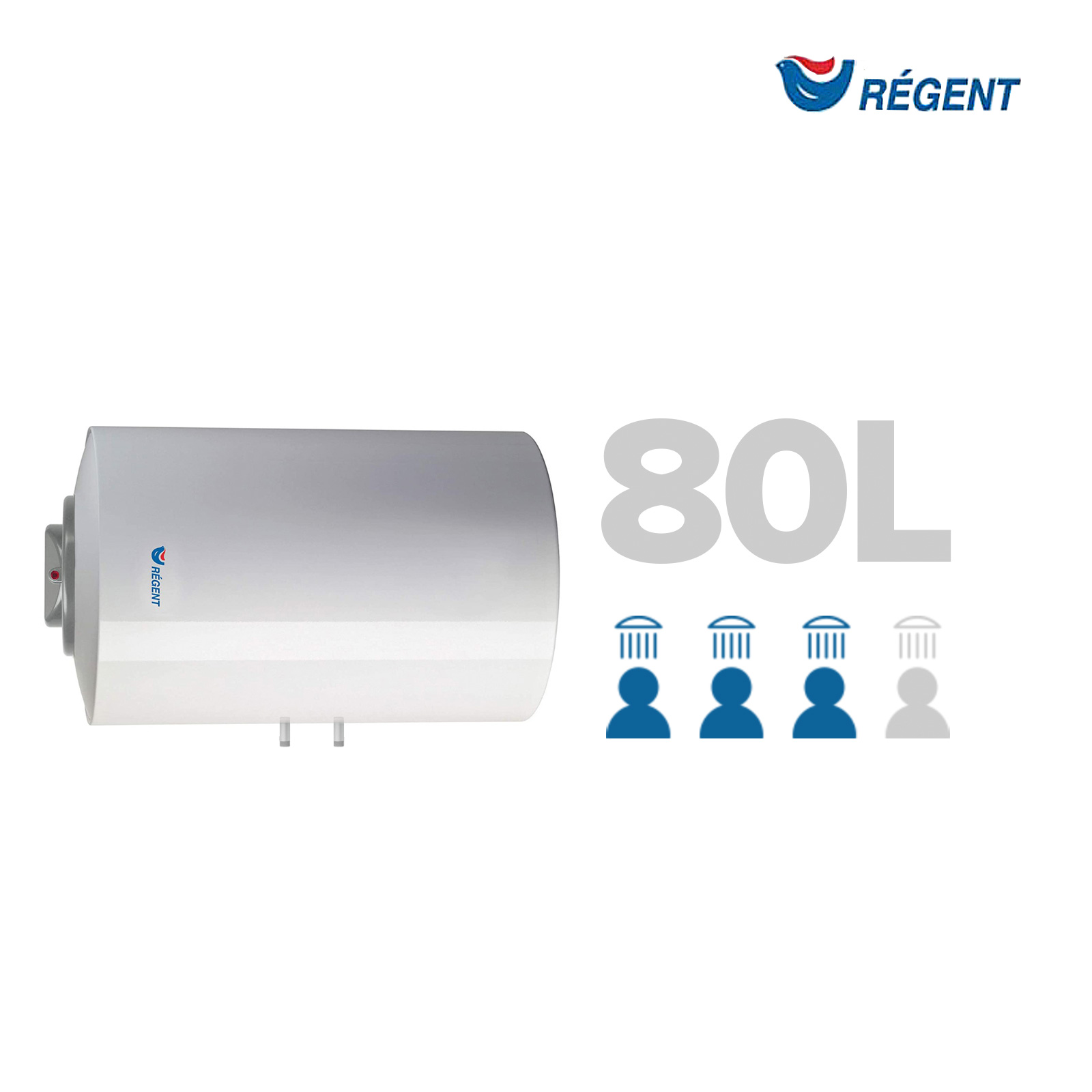 Un calentador de agua blanco con el logo de Regent y el número 80L con iconos de ducha.