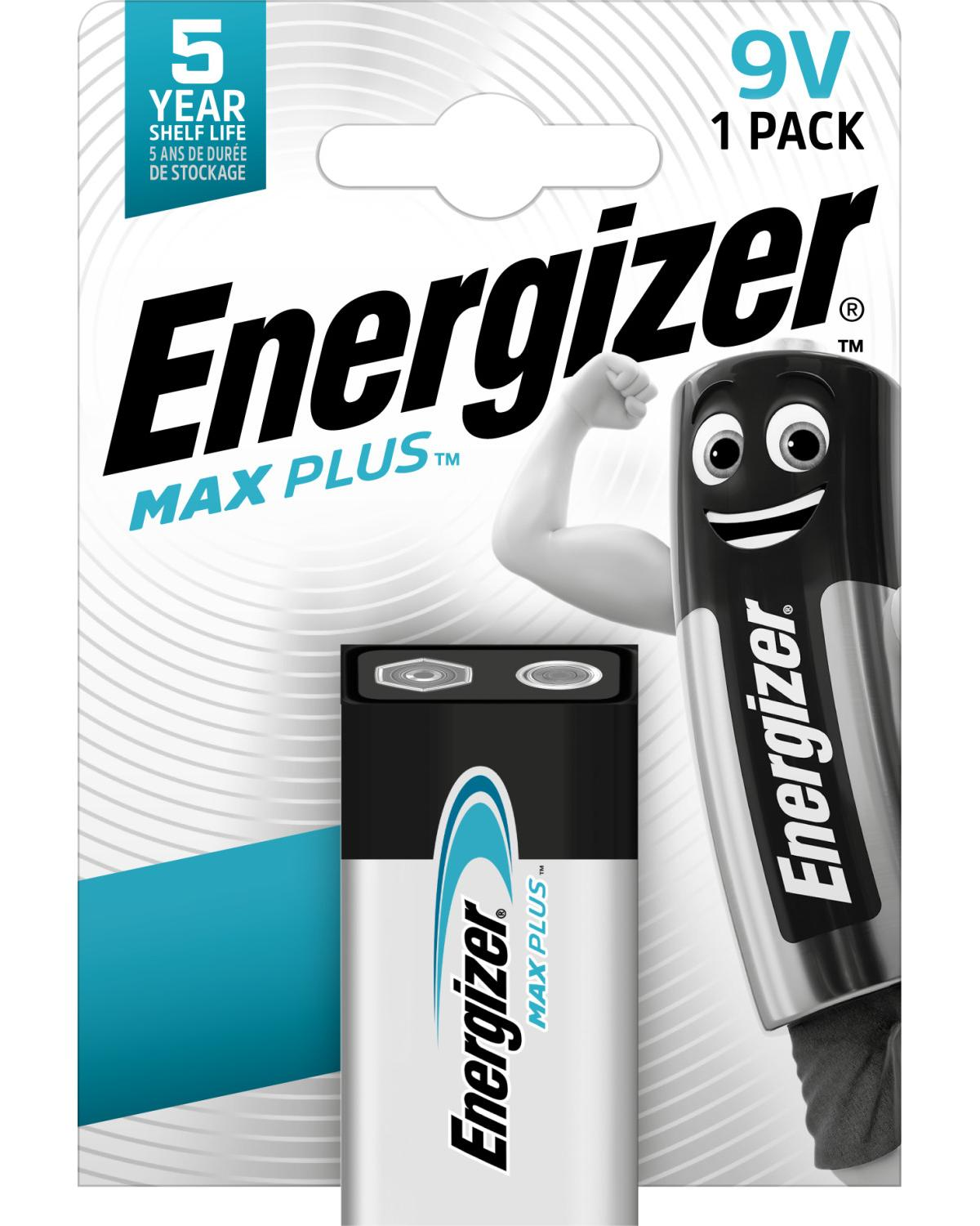 Confezione di batterie Energizer Max Plus 9V, con grafica della batteria. La confezione mostra una batteria sorridente.