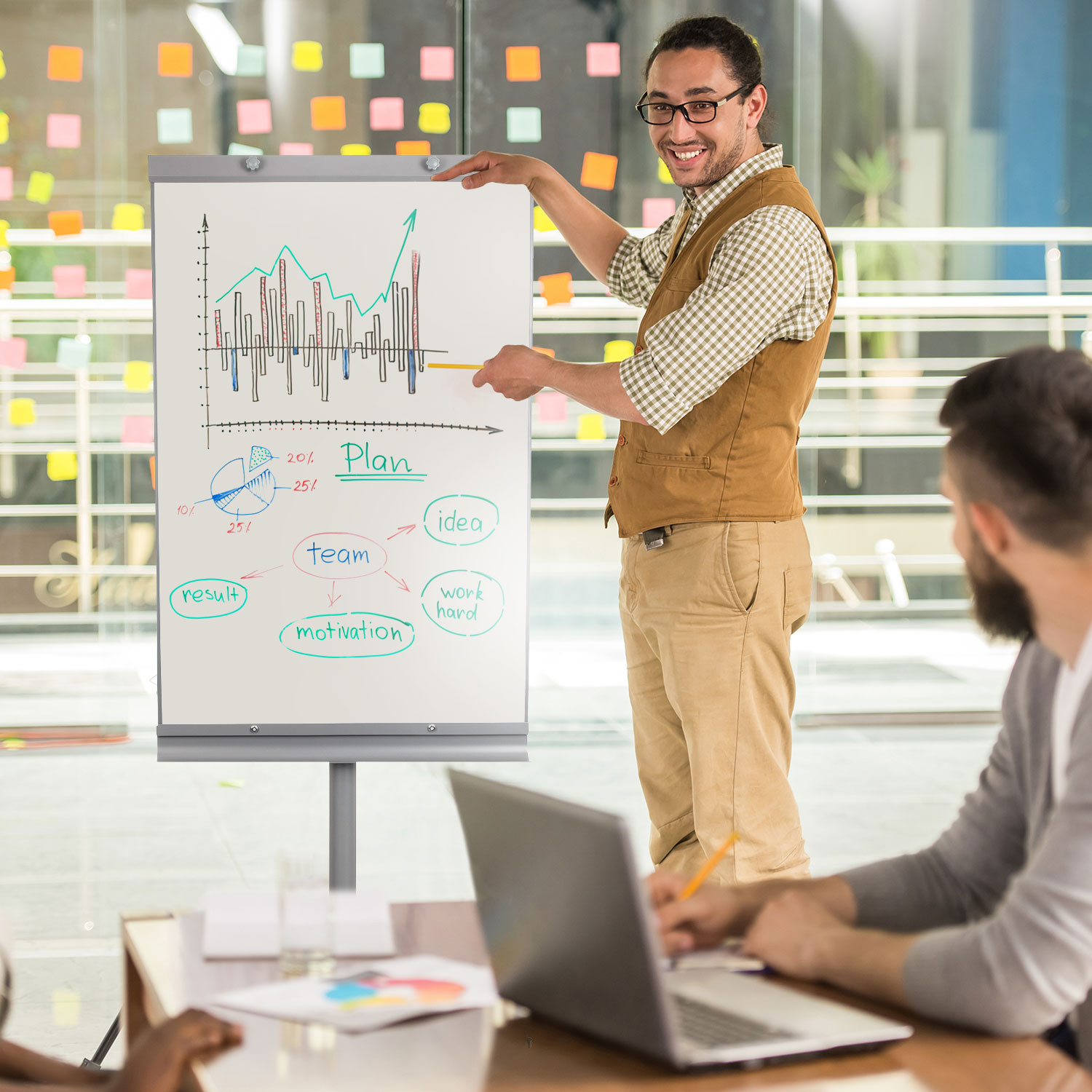 Mann zeigt auf Diagramm eines Businessplans. Andere Personen im Hintergrund.