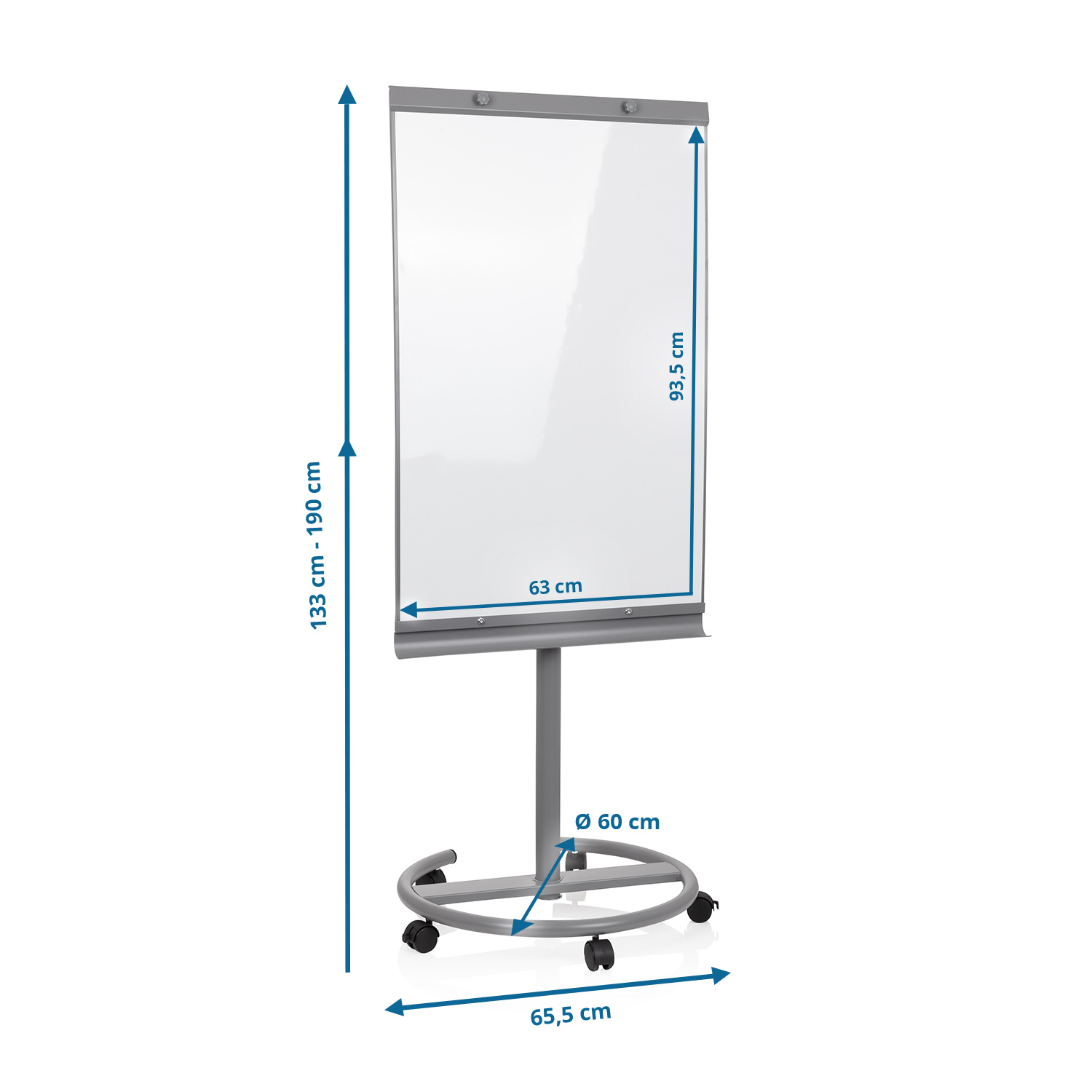 Whiteboard auf Ständer. Abmessungen: 133-190 cm Höhe, 63 cm Breite, 65,5 cm Basis und 60 cm Basisdurchmesser.