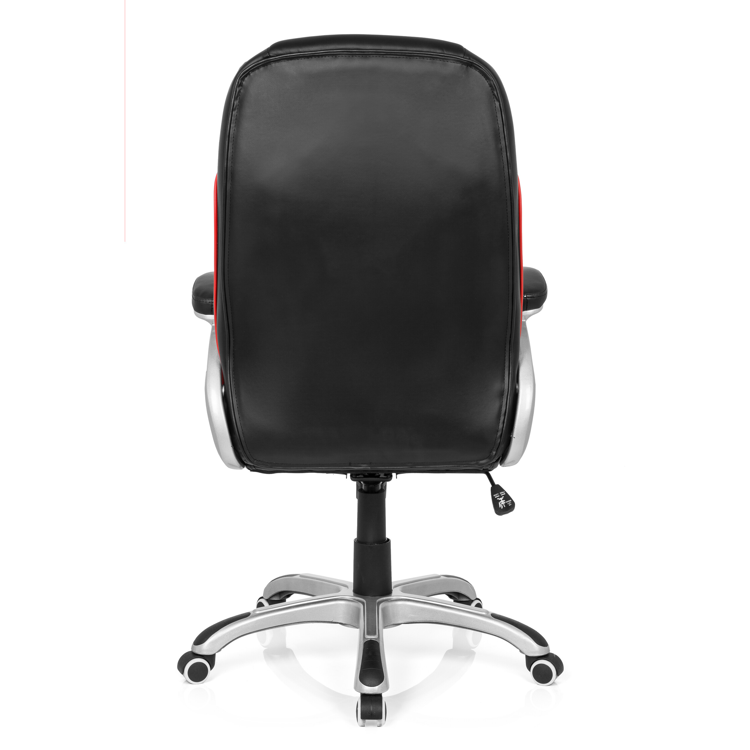 Rückansicht eines schwarz-roten Bürostuhls auf weißem Hintergrund.