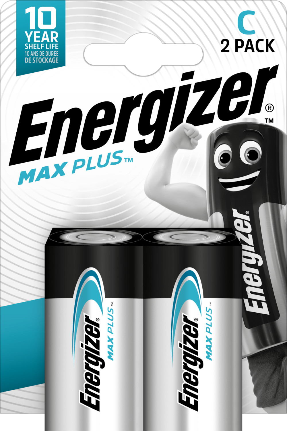 Baterie Energizer Max Plus AA, C 2 sztuki, białe tło.