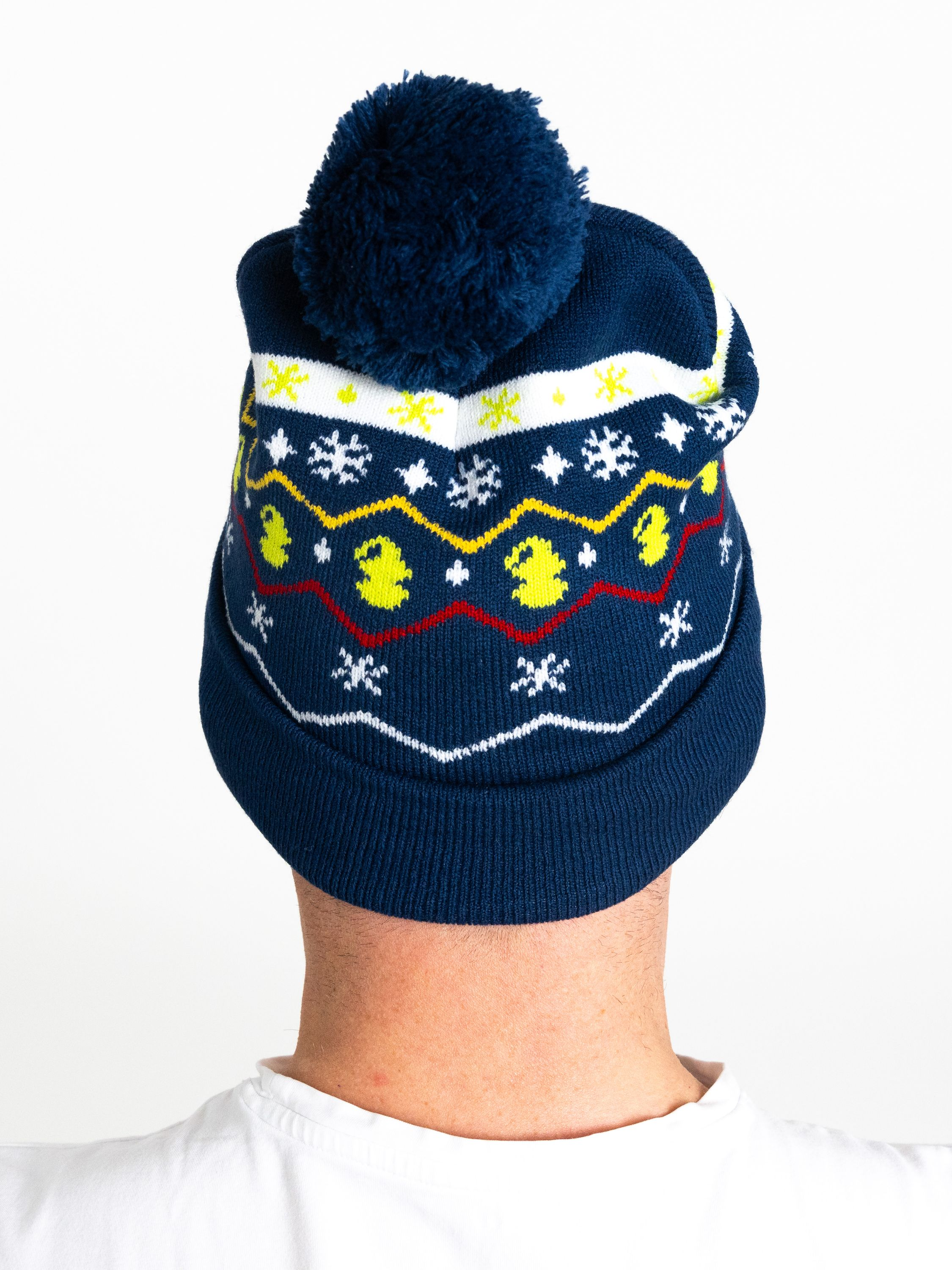 Ein Mann mit einer blauen Mütze mit Grinch-Design, Rückansicht.