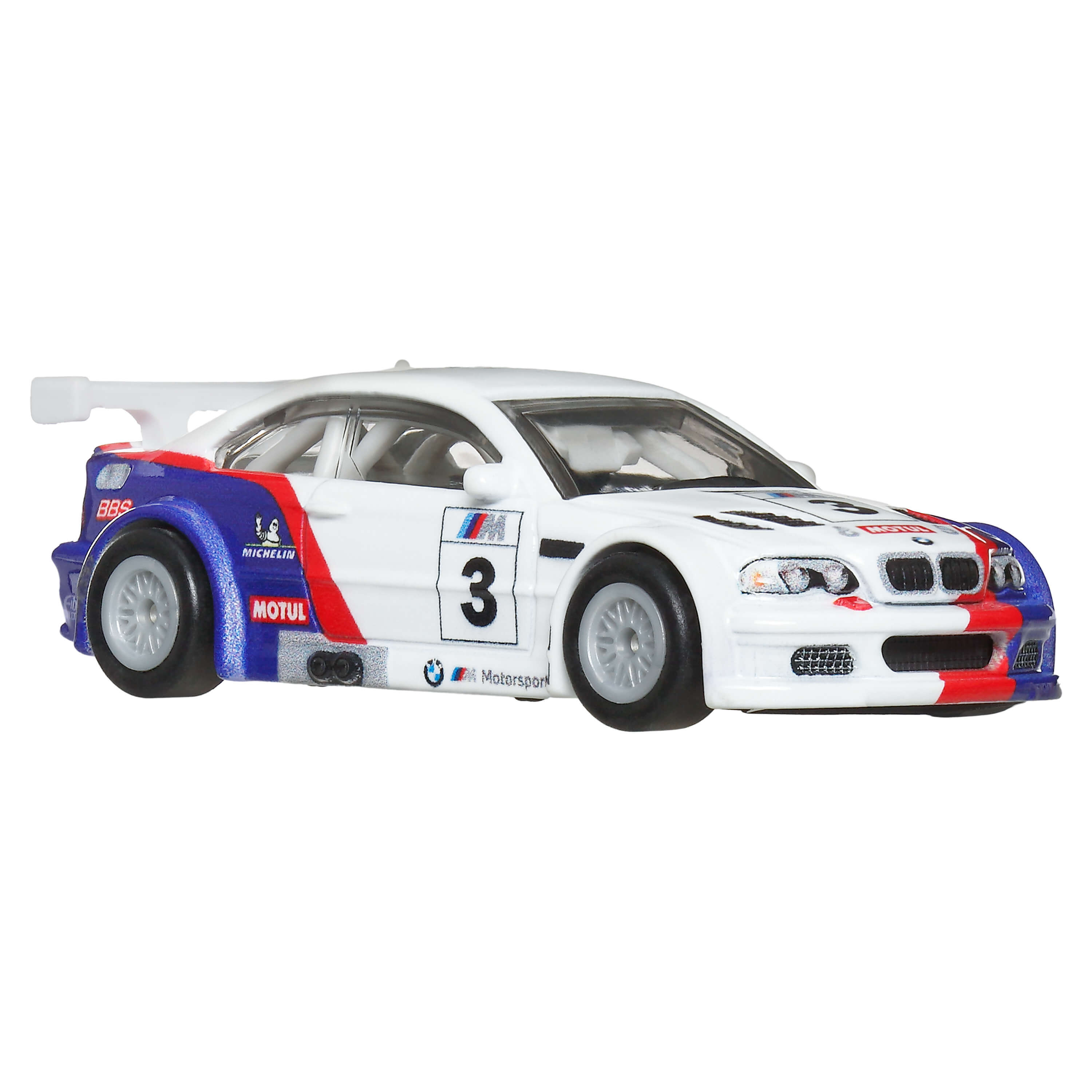 Ein weißes Rennauto mit blauen und roten Akzenten.