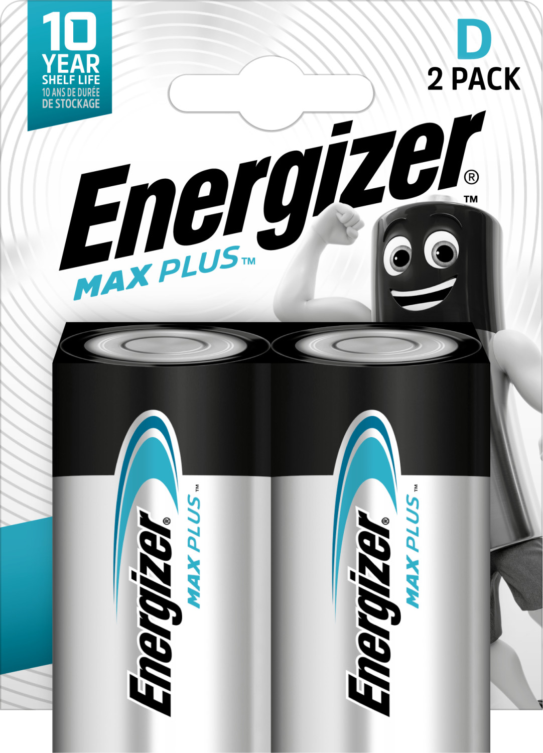 Dwie baterie D Energizer MAX PLUS w blistrze.