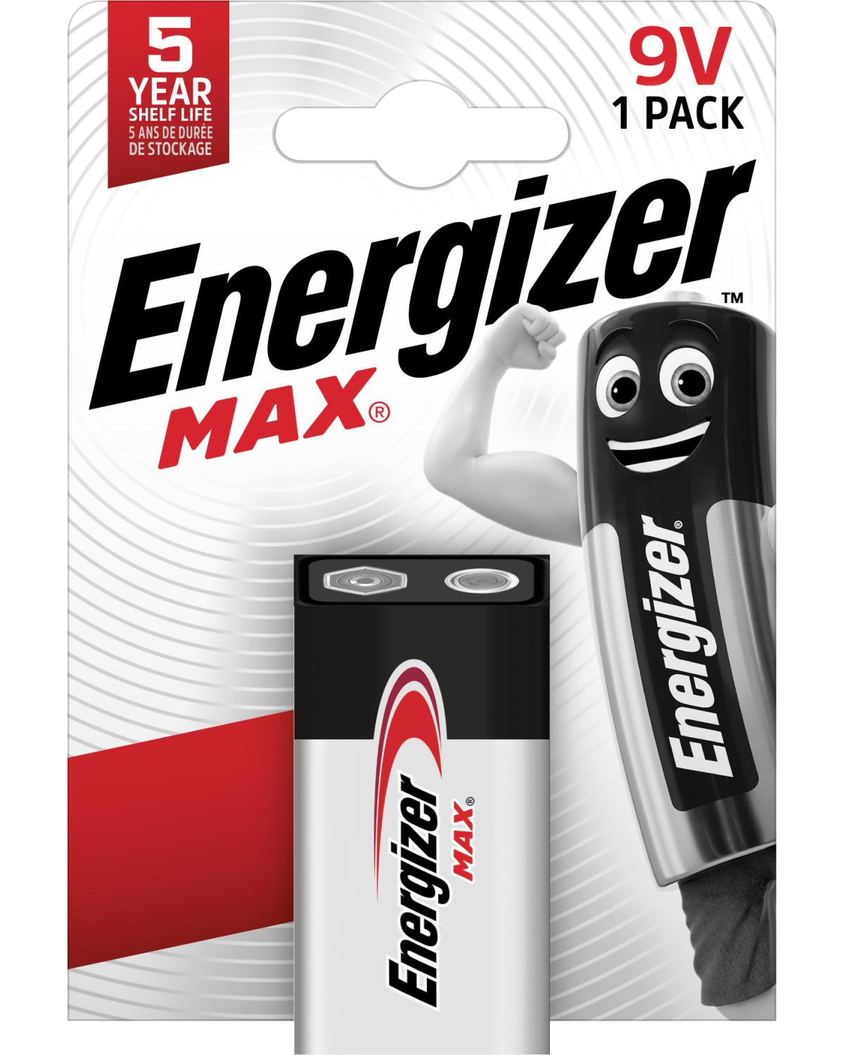 Zestaw baterii Energizer MAX 9V, biało-czarne opakowanie. Grafika z zginającym się ramieniem i ilustracja baterii.