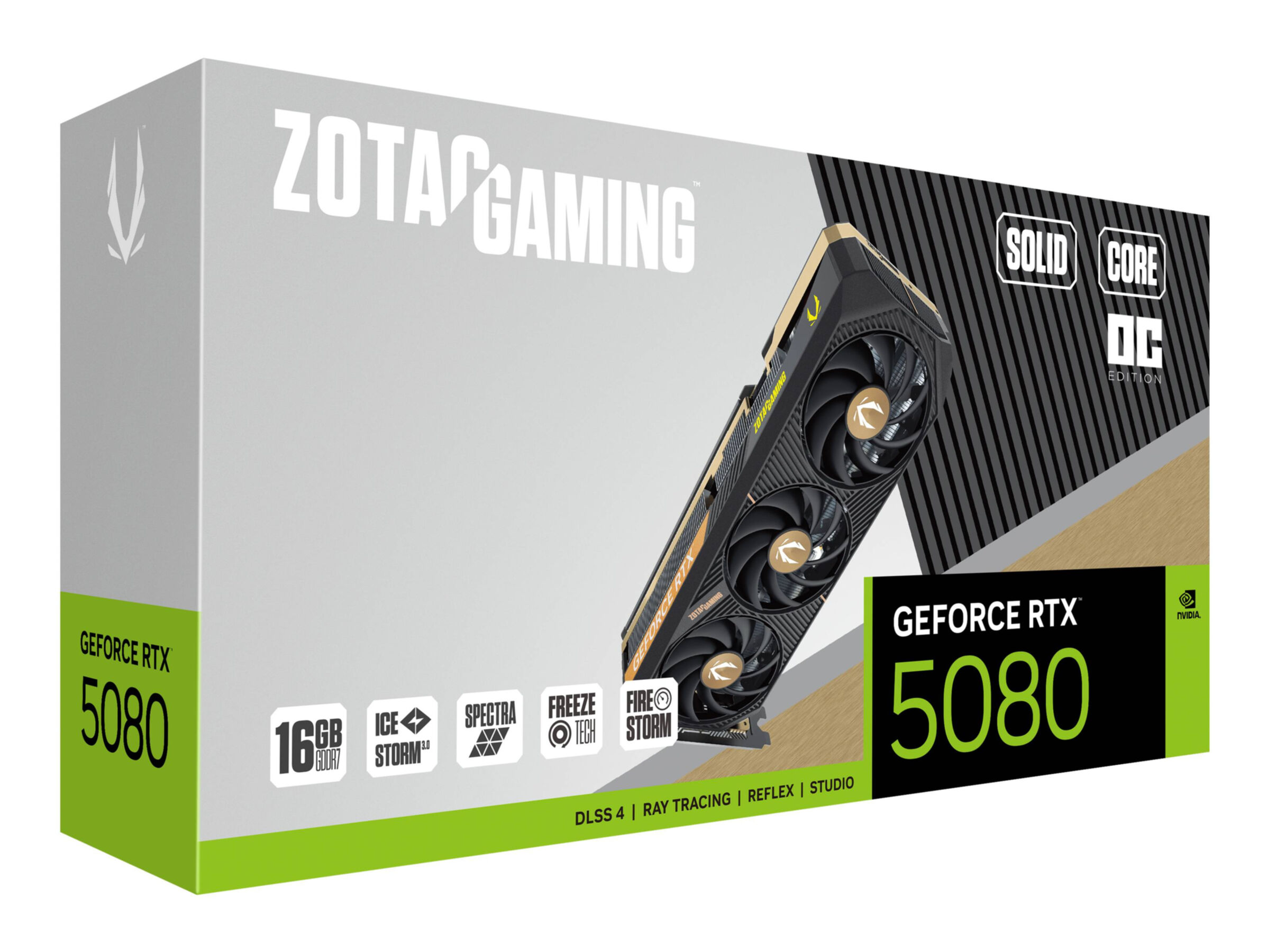 Pudełko karty graficznej z logo Zotac Gaming i tekstem GeForce RTX 5080. Czarno-złote.