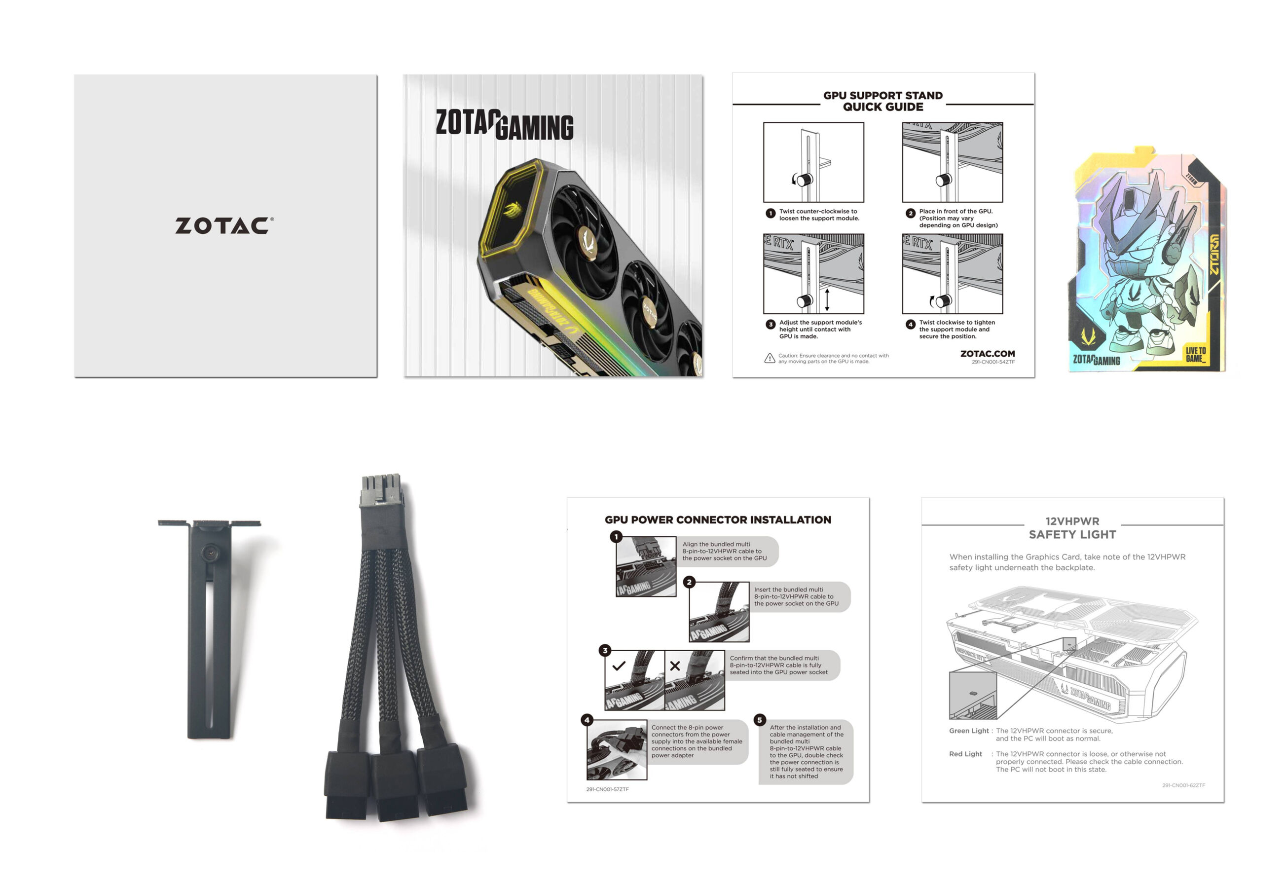 Różne komponenty do gier ZOTAC, w tym GPU, instrukcje i akcesoria.