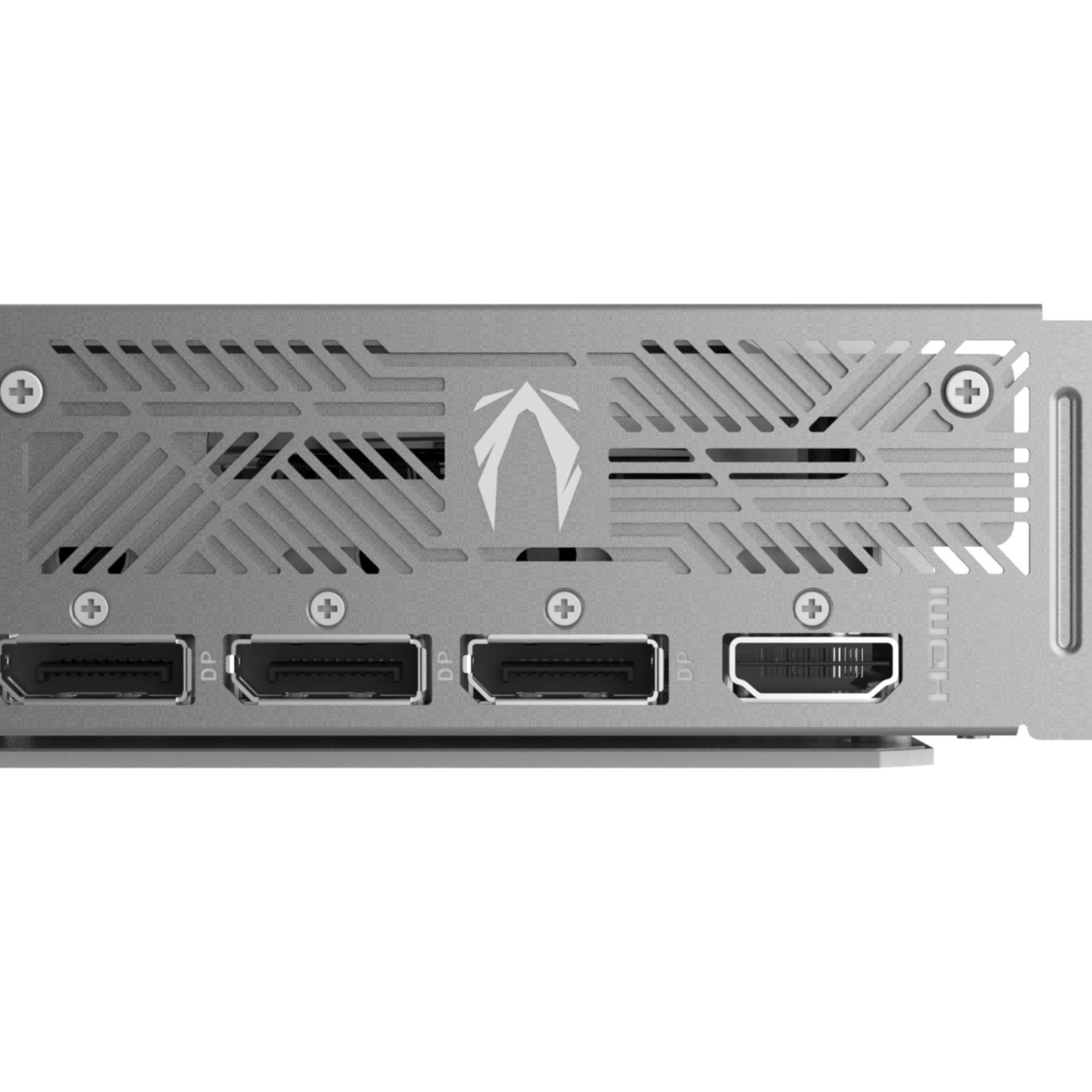 Porty srebrnej karty graficznej. Wiele portów DP i port HDMI. Logo Zotac z boku.