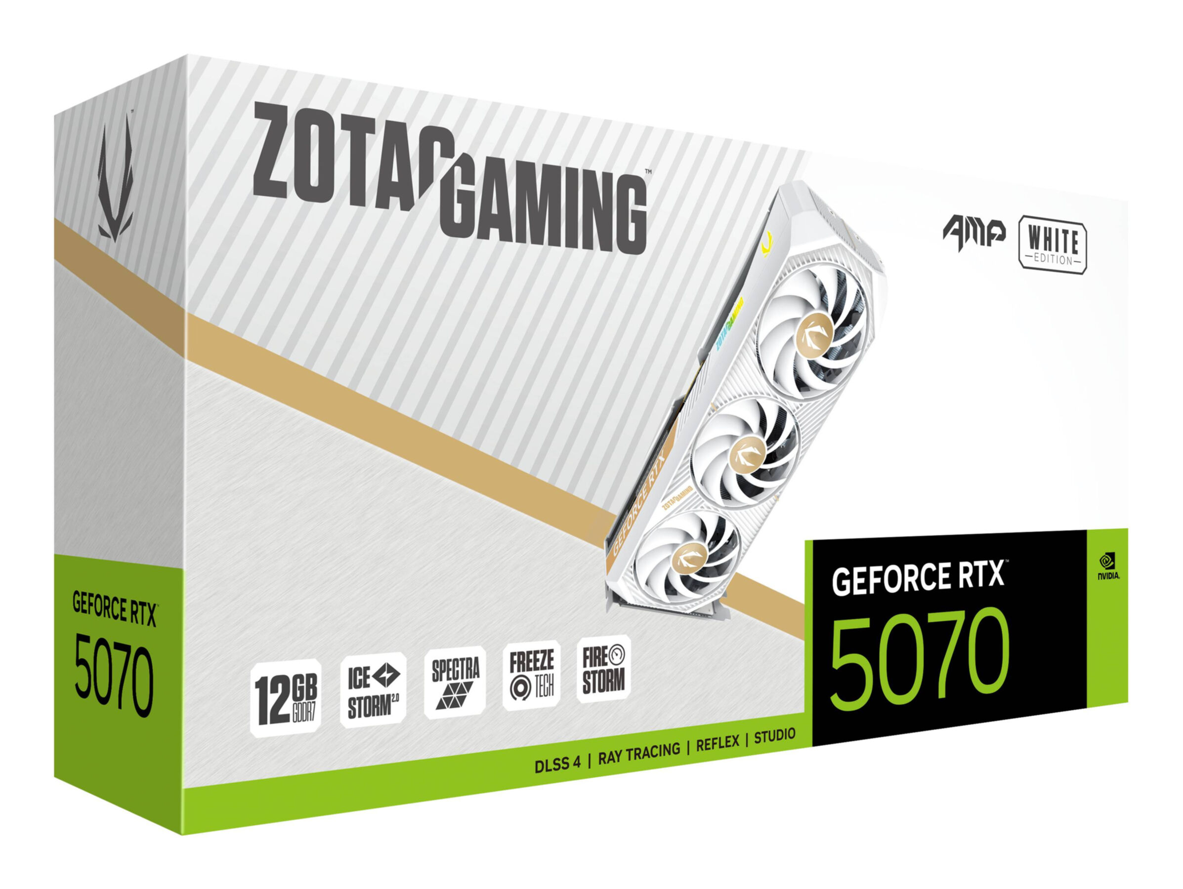 Pudełko Zotac Gaming z ilustracją karty graficznej i tekstem GeForce RTX 5070.