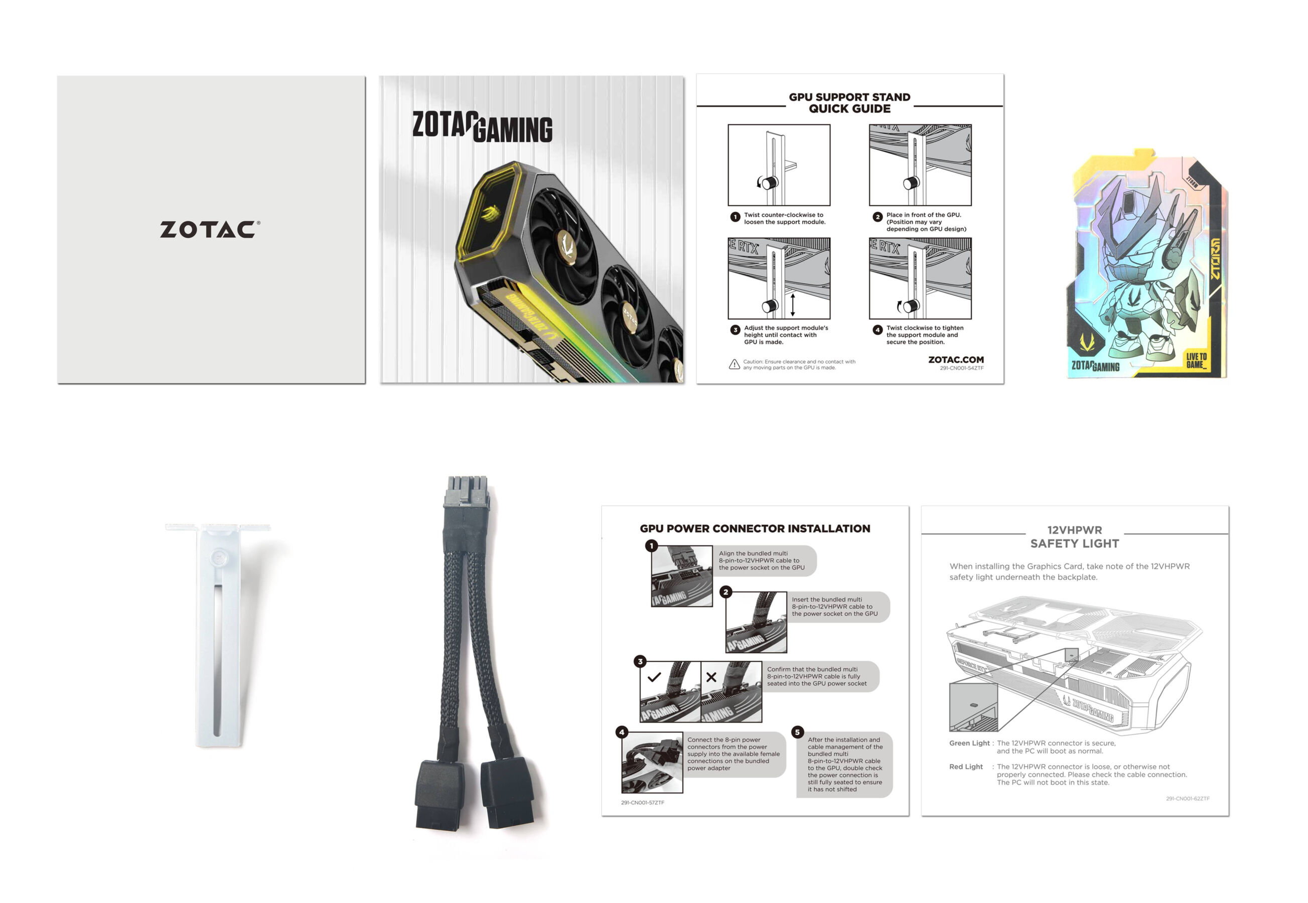 Różne komponenty, w tym karta graficzna, instrukcje i akcesoria.