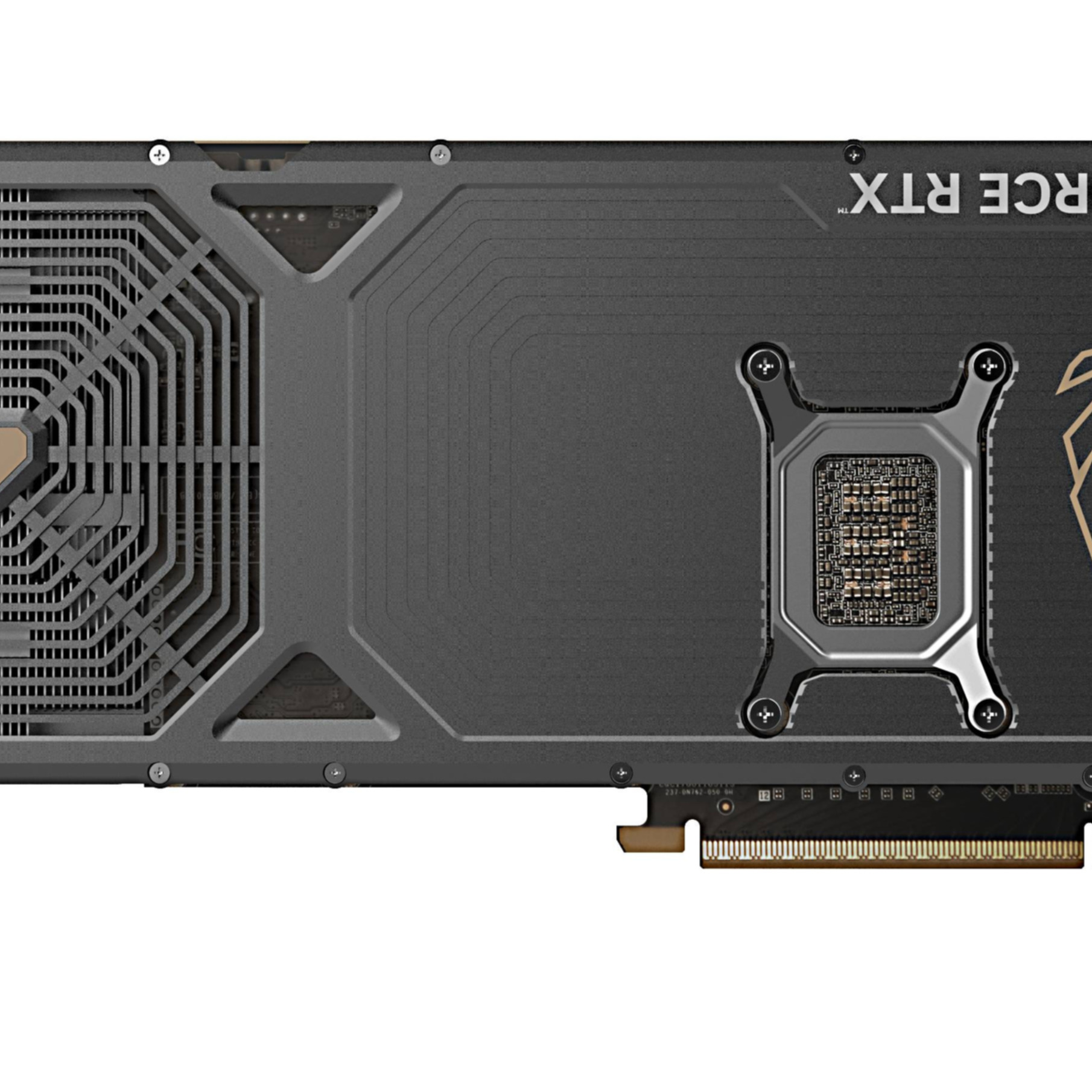 Rückansicht einer Grafikkarte mit Kühlkomponenten und dem GeForce RTX-Logo.