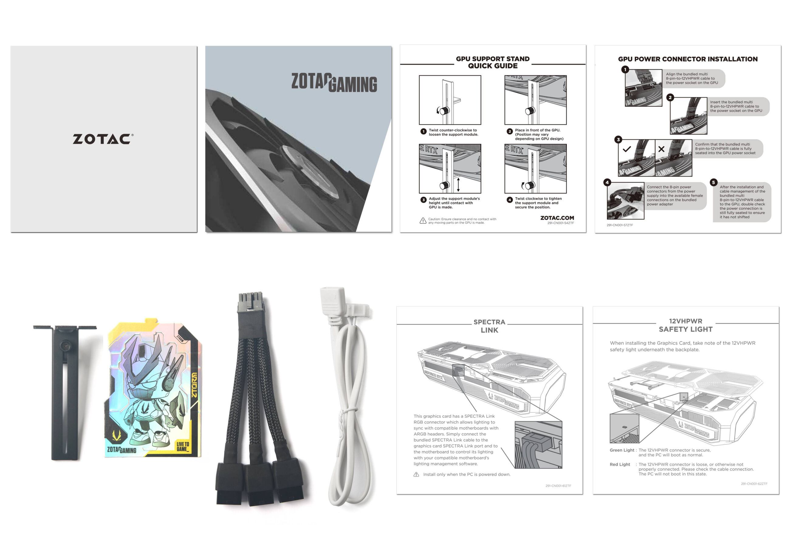 Różne komponenty i instrukcje karty graficznej, w tym stojak i kable.